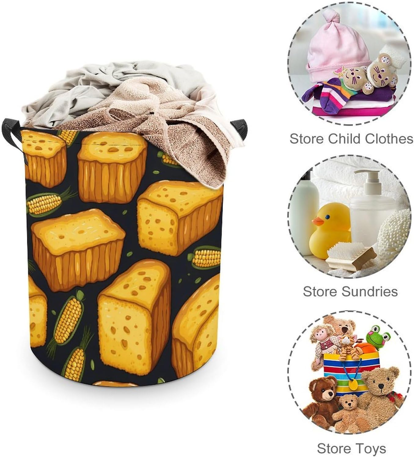 Corn Bread Novelty Collapsible Laundry Baskets Waterproof Clothes Hamper Storage Bins with Handles 13.8"x13.8"x17.3" 17.3"x17.3"x17.3"