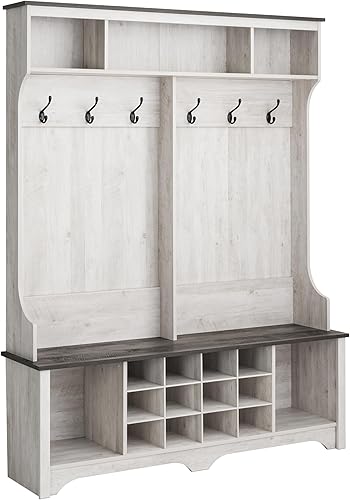 Prepac Hall Tree - Armario de almacenamiento para pasillo con cubos de zapatos y ganchos para abrigos, 15.5 pulgadas de profundidad x 60 pulgadas de