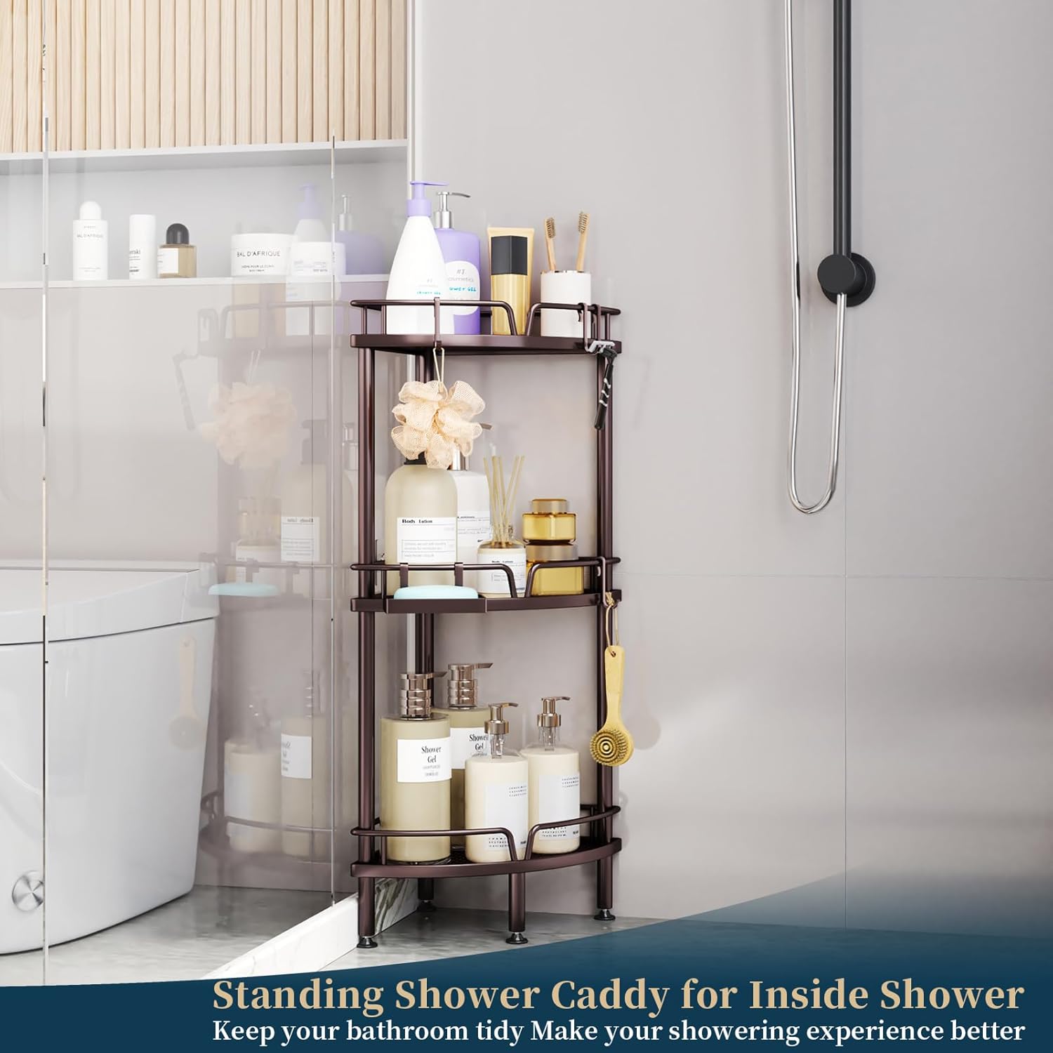 Consumest Corner Shower Caddy Stand - 3 Tier Shower Organizer with Soap Holder, Tall Floor Corner Shelves Standing with Adjustable Feet & 4 Hooks, Storage Rack for Bathroom, Bronze