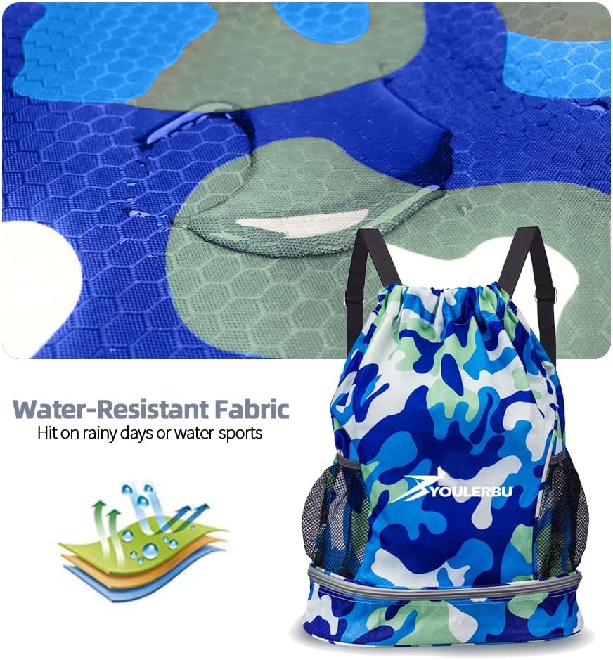 YOULERBU Dry Wet Drawstring Backpack Bag with Shoe Compartment Sackpack Heavy Duty String Bag Sports Gymsack Swim Beach Bag Camoblue