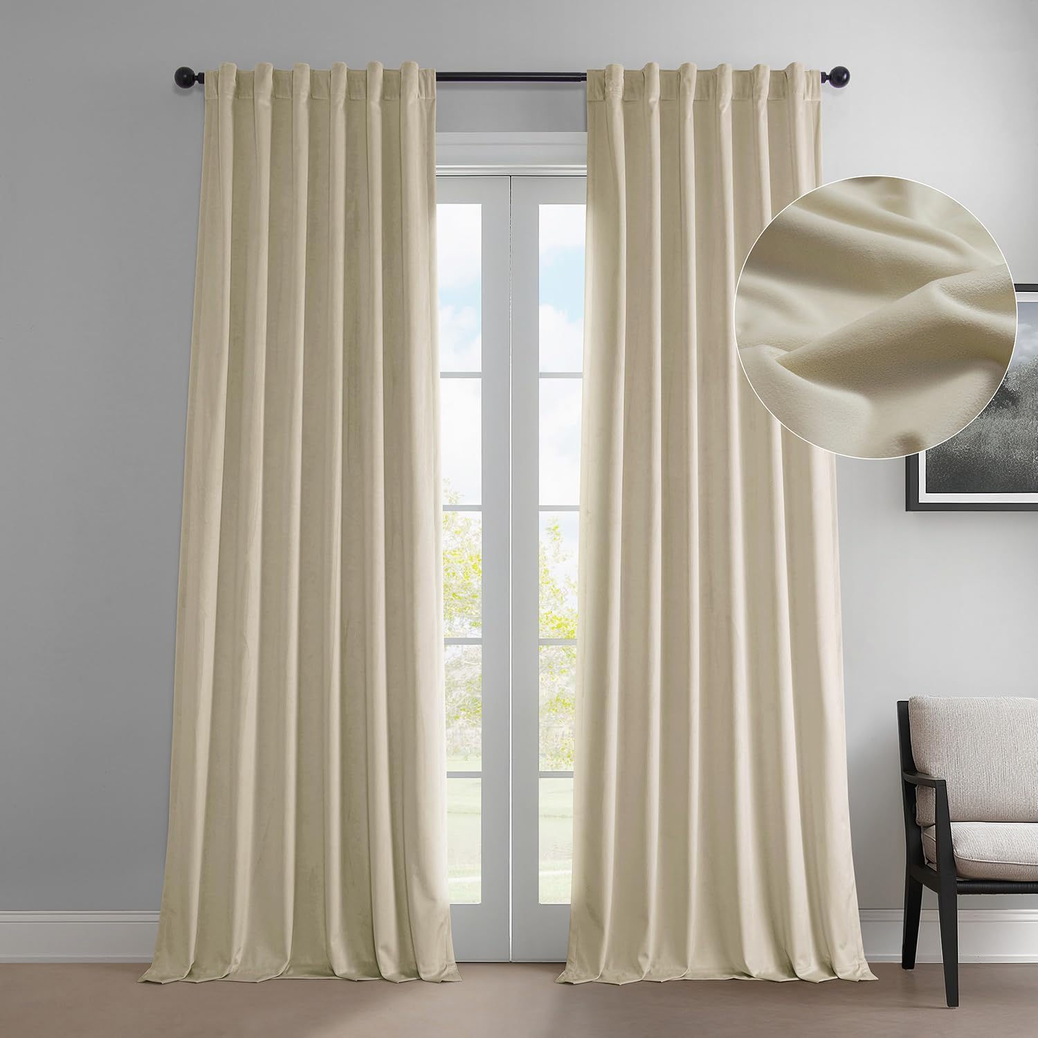 Heritage Plush Velvet Curtains 108 Inches Long Room Darkening Curtains for Bedroom & Living Room 50W x 108L, (1 Panel), Au Lait Creme