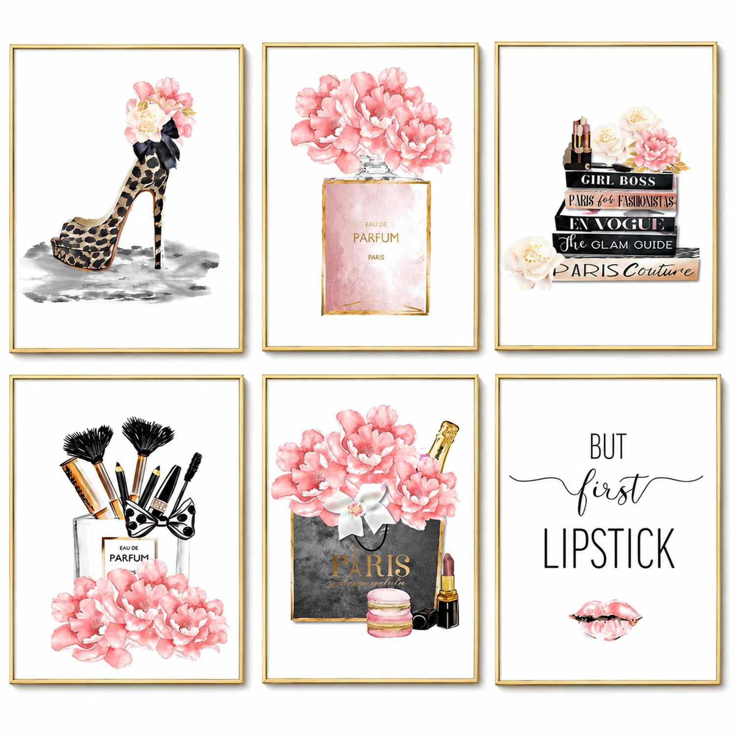 6 Pcs Canvas Pink Wall Art, Fashion Prints Posters for Bedroom Girls