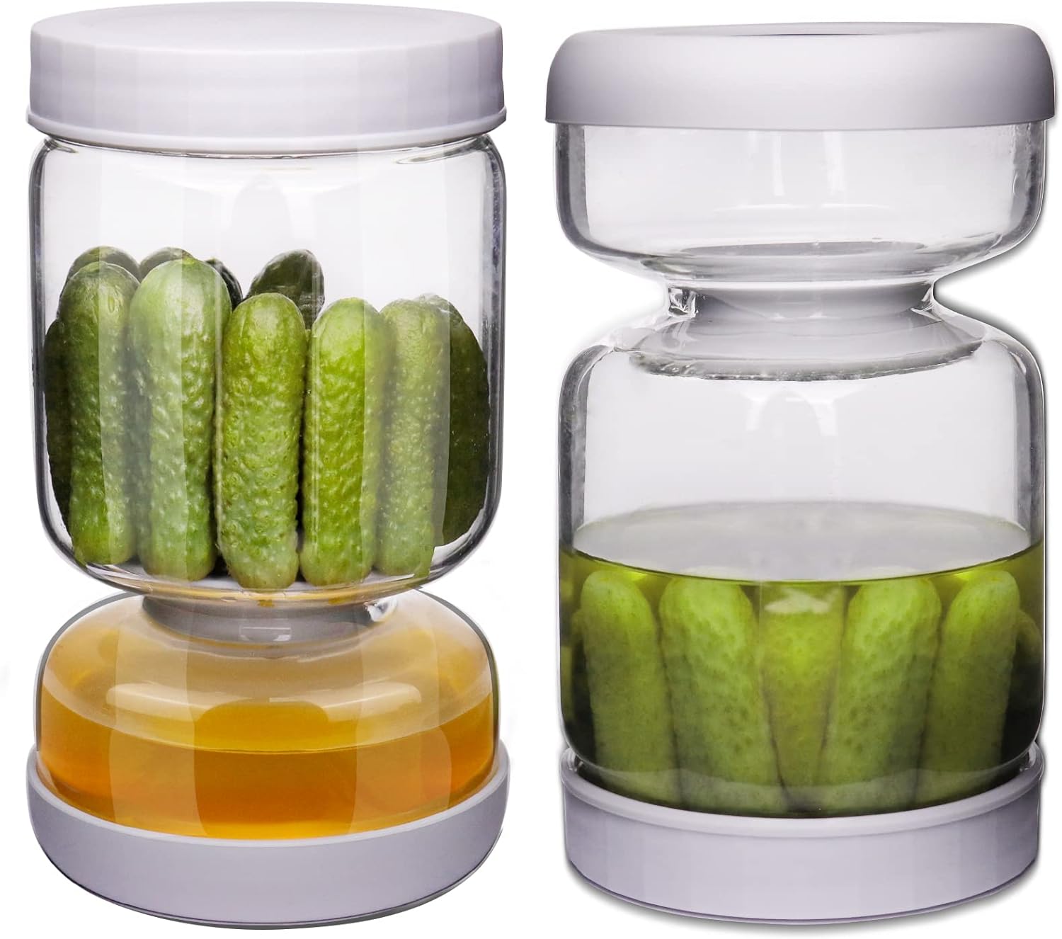Two Homnoble Pickle Jars, one in the upright position with pickles submerged in liquid, and the other flipped upside down with liquid drained to the bottom compartment.