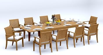 10 Seats 11 Pcs Grade-A Teak Wood Dining Set 122" Caranas Double Extension Rectangle Table and 10 Lagos Arm Chairs #11LG2910