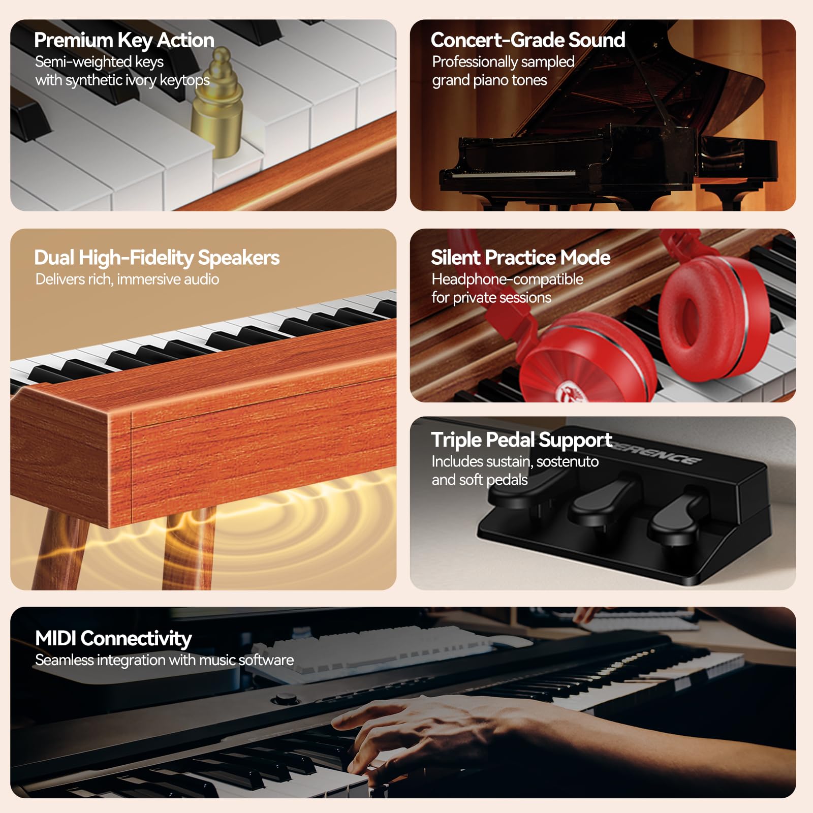 TERENCE P10 Pianoforte Digitale 88 Tasti per Principianti, Studenti & Intrattenimento Domestico | Sistema a 3 Pedali, Altoparlanti Stereo 20W, Doppia Uscita Cuffie