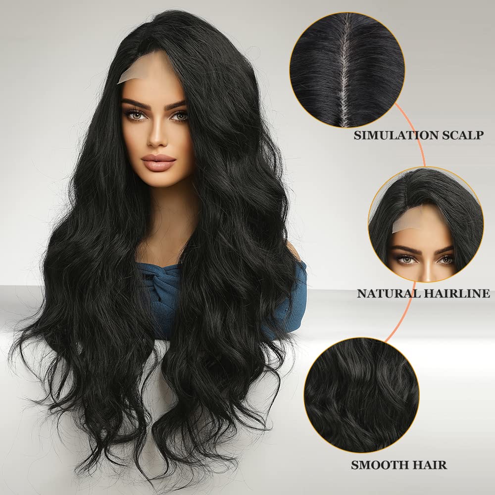 Esmee Long Wavy Black Wig for Women Natural Synthetic Middle Part Lace Wigs for Daily Party Use, Black Lace, 26 tum x 2 tum - Image 2