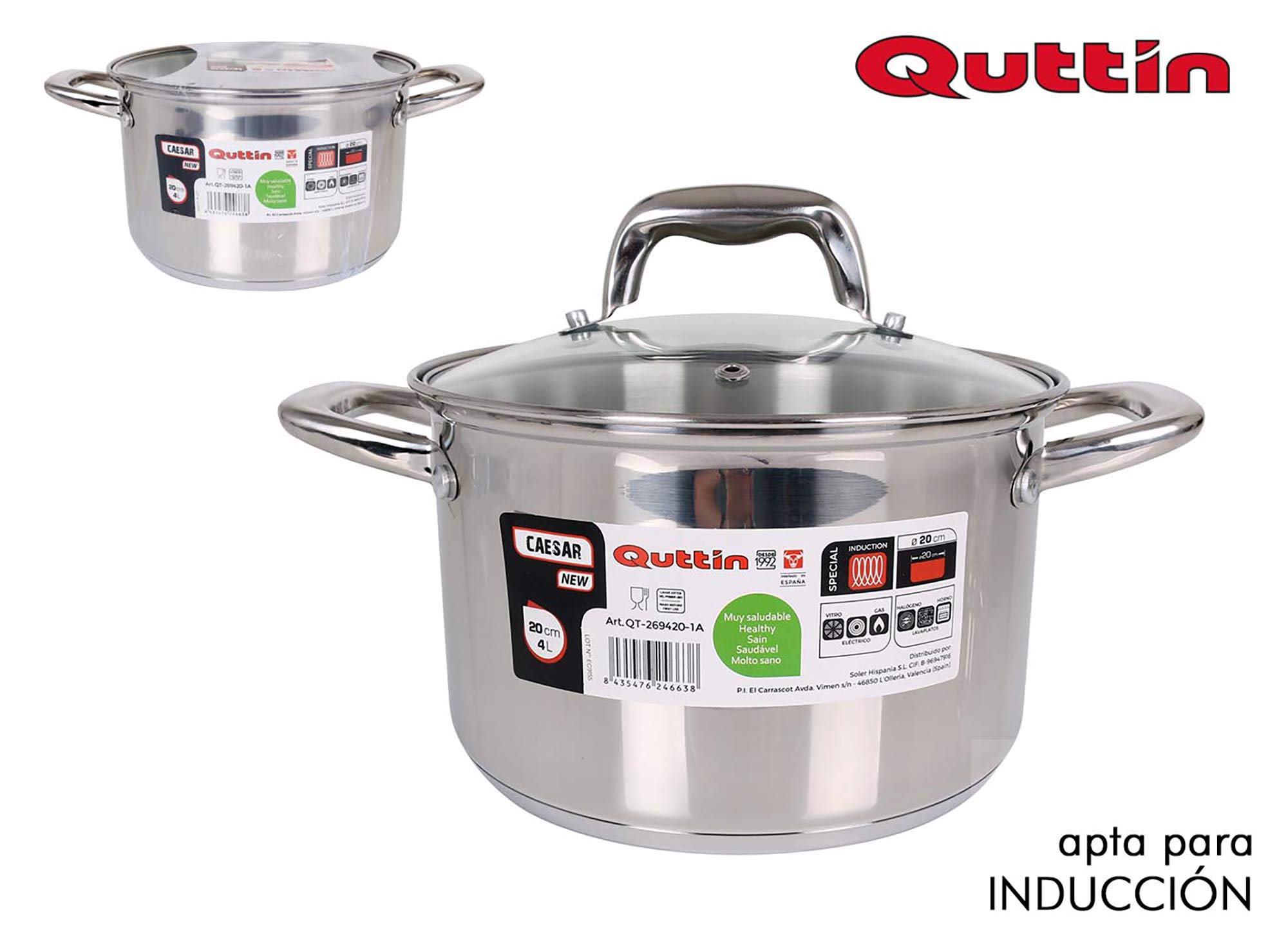 Quttin New Caesar Casserole Professionnel – 18 Cm / 2 L – Acier Inoxydable, Couvercle Verre – Compatible Induction Et Four