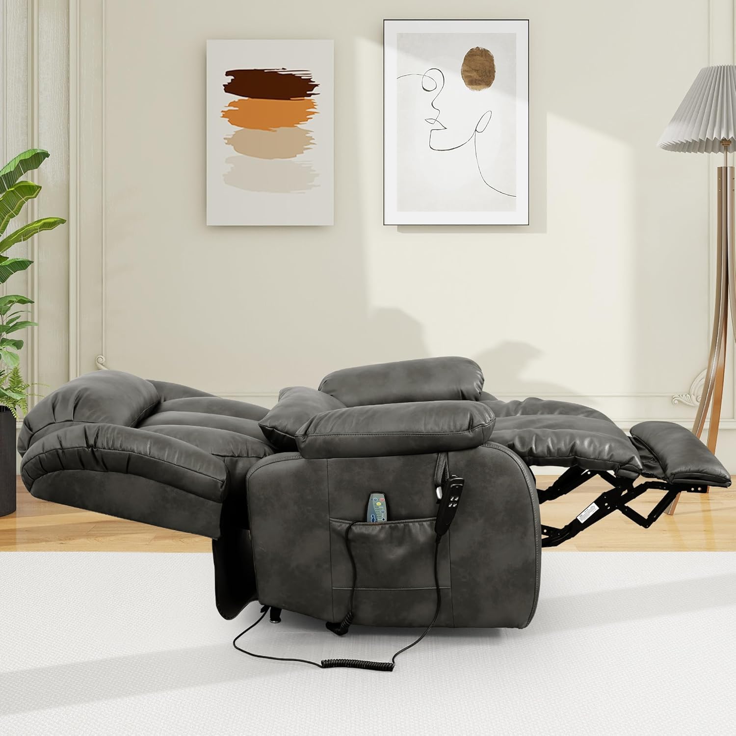 EDILLY Large Reclining Lift Chair, Dual Motor Massage Chair, Genuine Leather Recliner with Heating and Massage for Seniors, with Double Lumbar Cushion and Extended Footrest, USB Port(Silver Grey)