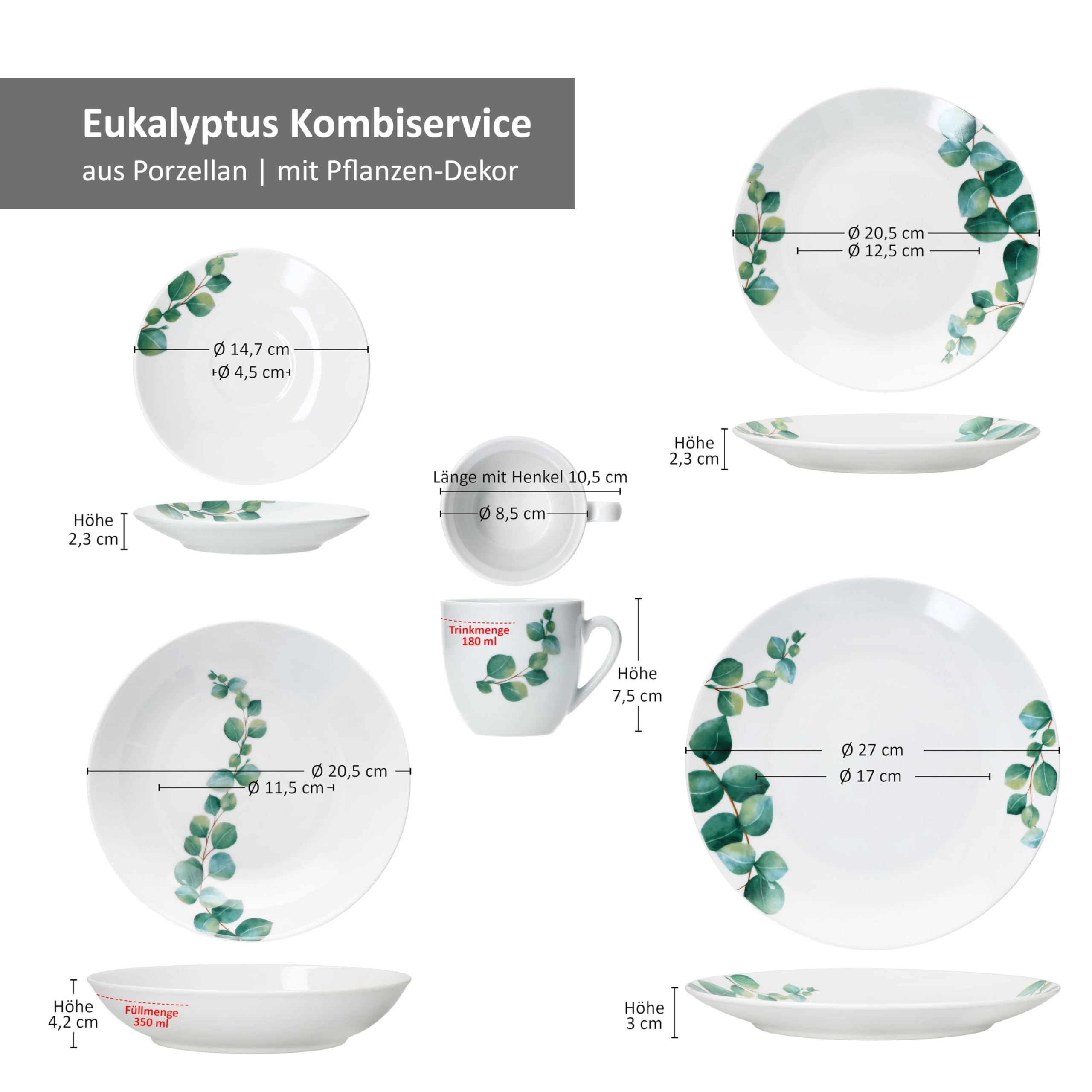 MamboCat Service combiné eucalyptus 30 pièces I Service de table en porcelaine blanche avec décor végétal vert pour 6 personnes I 6 tasses à café 180 ml, soucoupes, assiettes à gâteau, assiettes