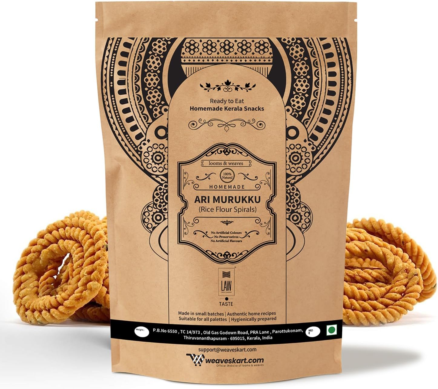 looms & weaves - Ready to eat Kerala Snacks - Ari Murukku/Rice Flour Spirals - 250 gm