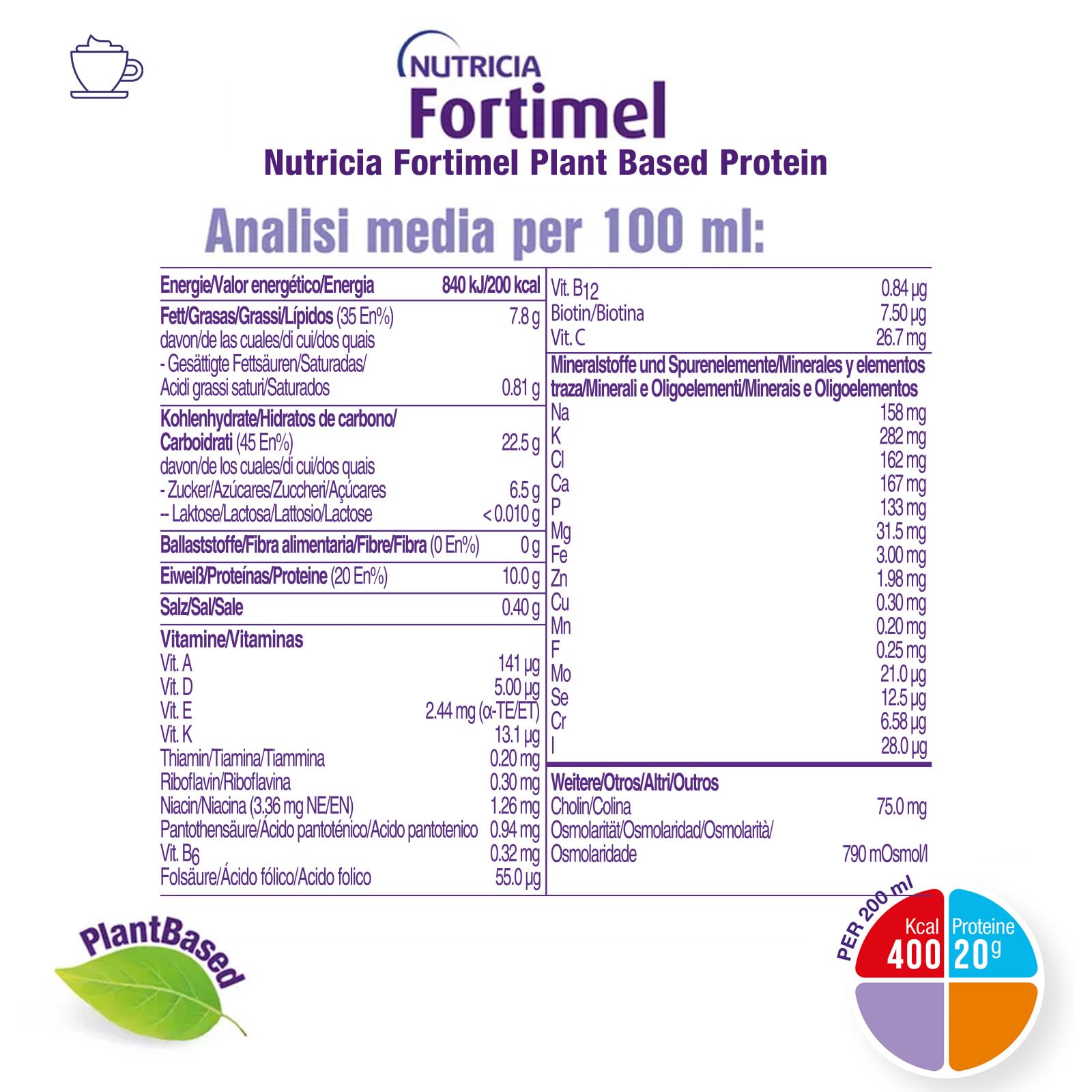 Nutricia Fortimel PlantBased Protein, Alimento a Fini Medici Speciali Indicato per la Gestione Dietetica della Malnutrizione, Vegano, Senza Lattosio, Gusto Cappuccino - 4 Confezioni da 200ml