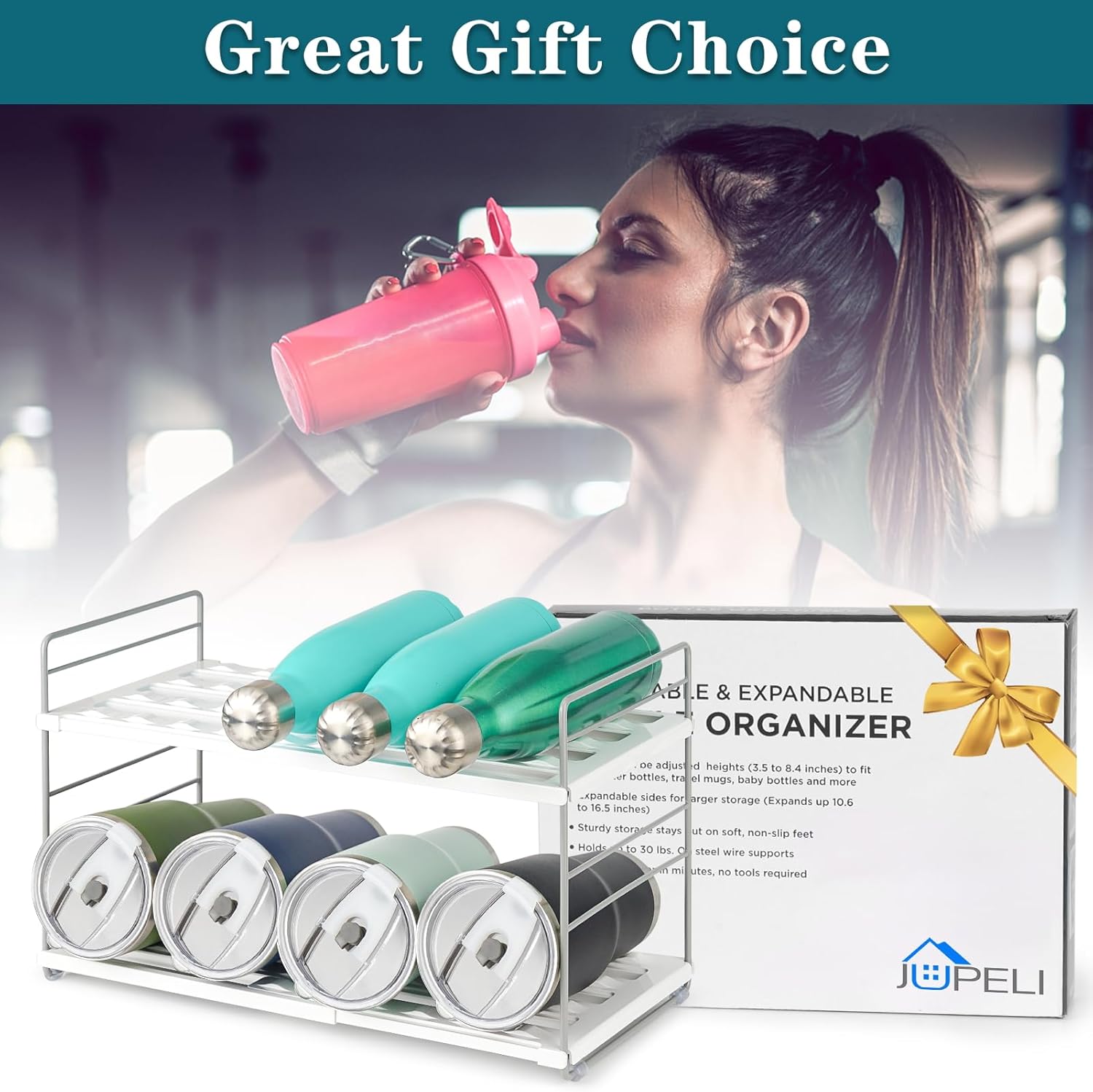 Water Bottle Organizer For Cabinet, Adjustable Tumbler Storage, Expandable Water Bottle Holder For Kitchen Organization, 2 Tier Cup Organizer For Sports Flask Insulated Travel Mug Fridge, White - Image 7