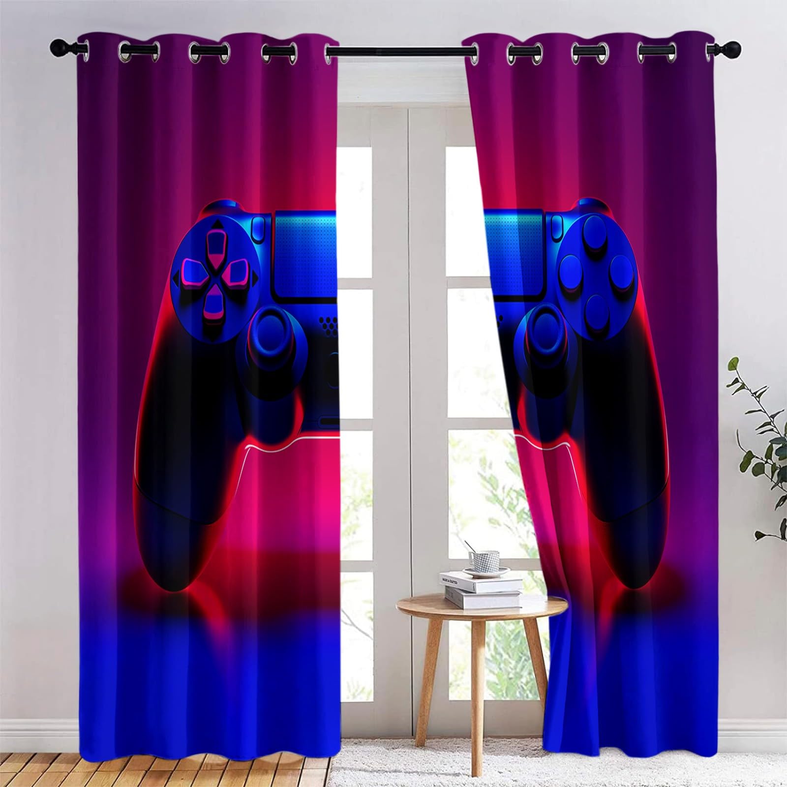 Gaming/E Sport - Juego de 2 cortinas térmicas, con efecto luminoso, neón, mando de neón, 140 x 260 cm, juego de 2 cortinas, salón, interior, hogar, opaco, aislante térmico, antifrío, rosa