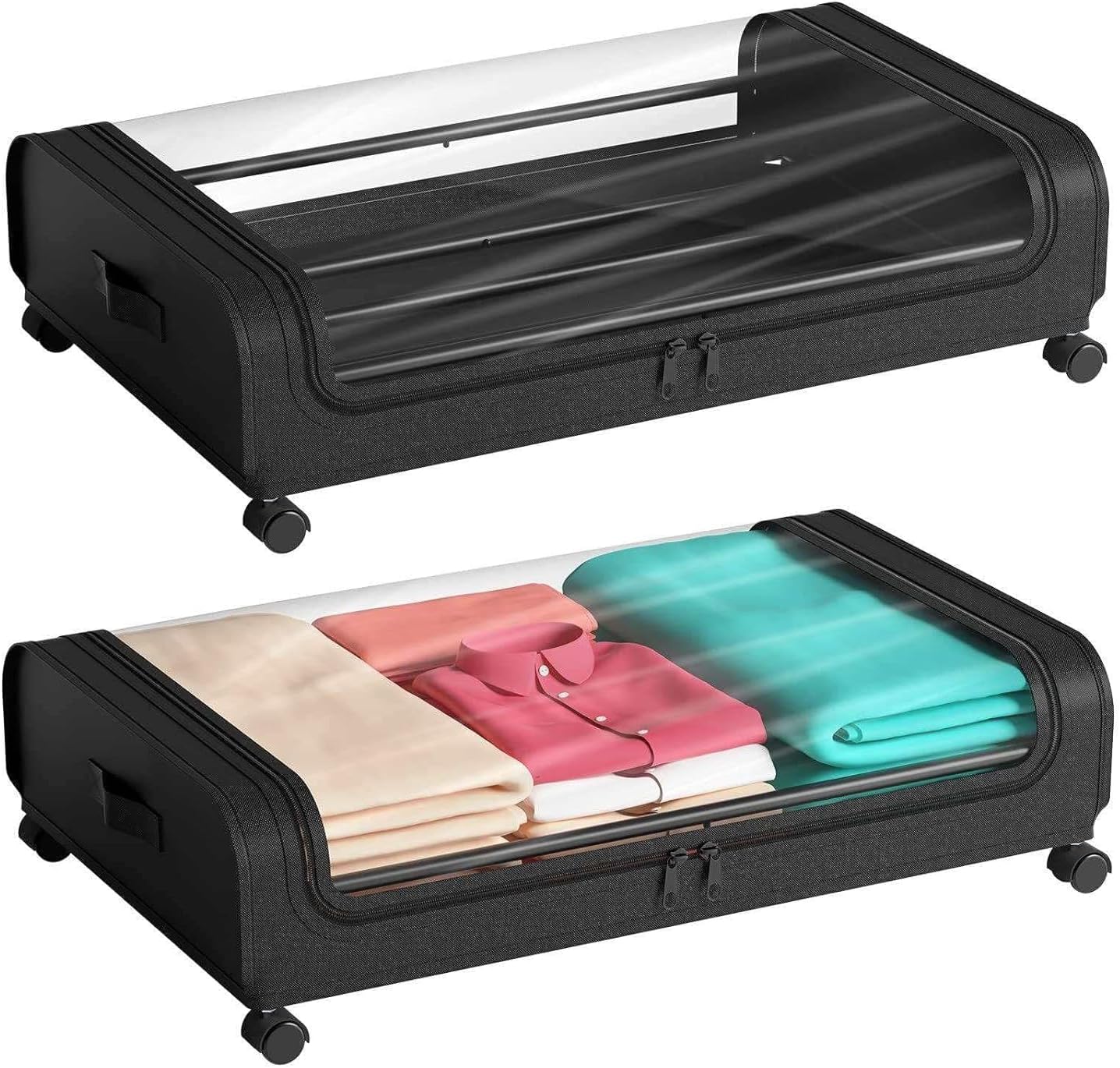 PUSHPA BAA Under Bed Storage with Wheels, Under Bed Storage Containers with Dividers & Clear Lids, Underbed Storage with Wheels for Clothes (1 pcs)(Black)