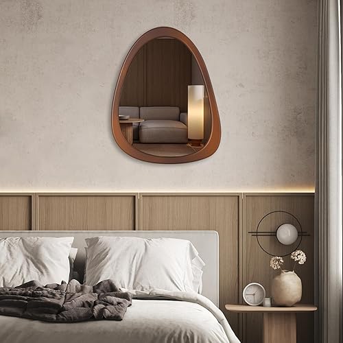 Miniatura 6 de Espejo irregular de 28 x 22 pulgadas, marco de pared de madera, espejo decorativo asimétrico de madera para sala de estar, dormitorio, entrada,