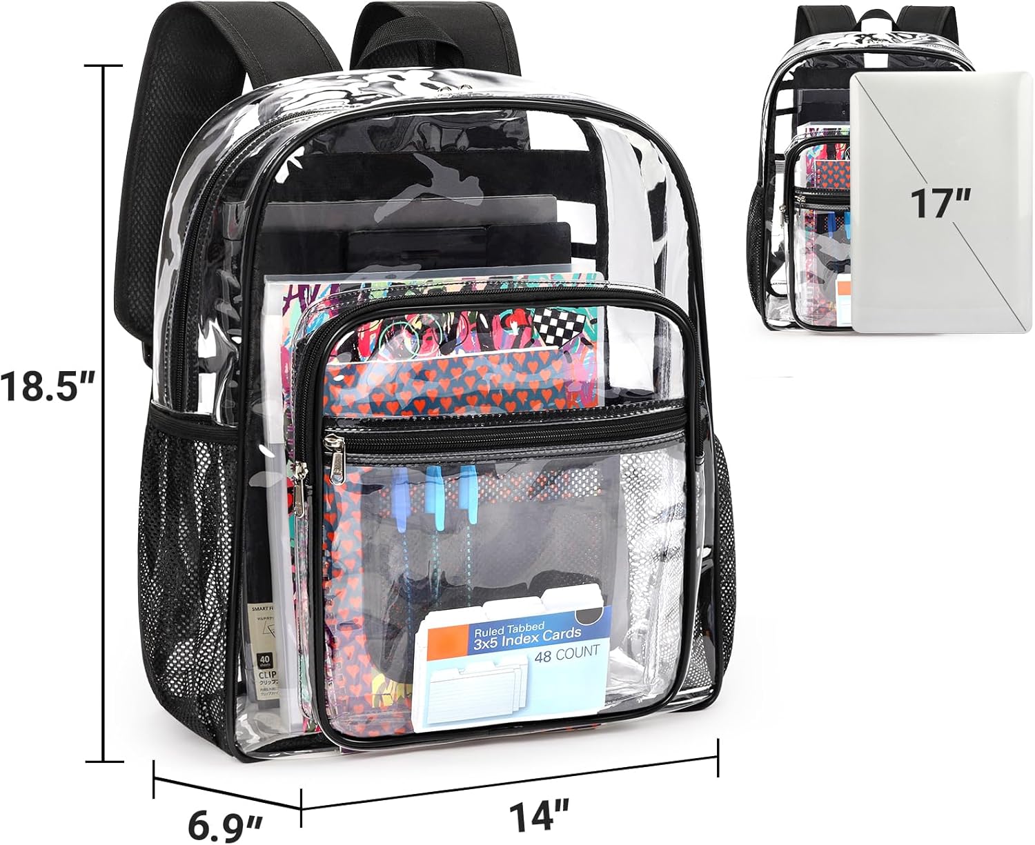 ZORFIN Clear Backpack Heavy Duty for School – 18in Transparent PVC Bag with Large Capacity & Reinforced Straps for Men, Women, Boys & Girls - See Through Bookbag for College Workplace Security, Black - Image 3