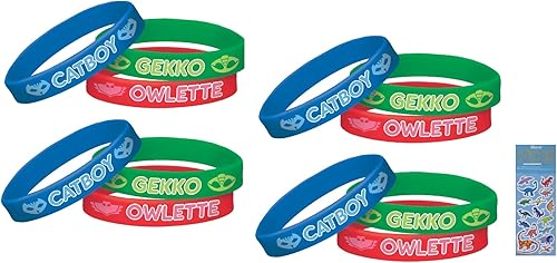 Amscan El paquete de suministros para fiesta de cumpleaños de PJ Masks incluye pulseras de goma para recuerdos de fiesta, 12 unidades