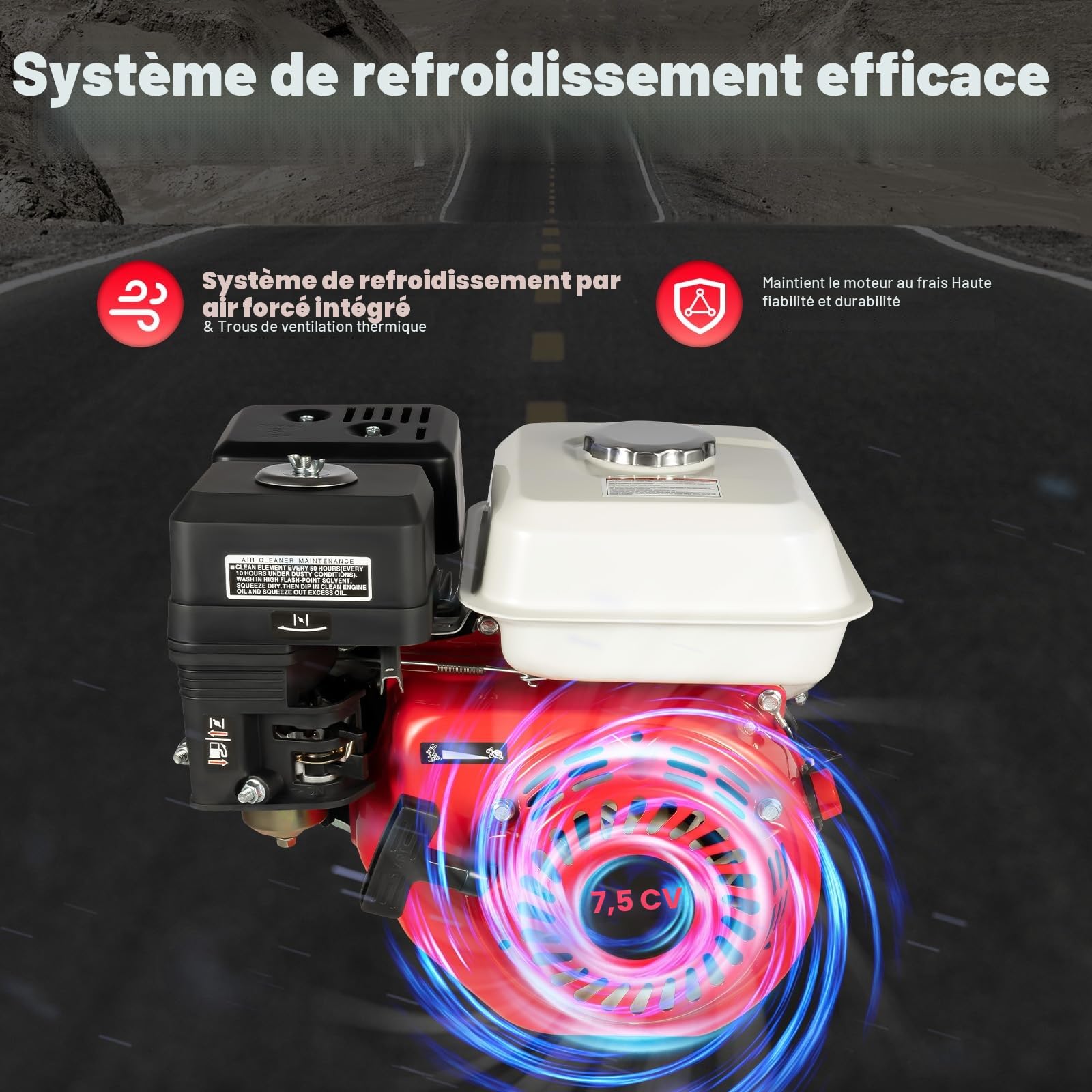 Moteur à essence 4 temps 7,5 CV - Moteur à essence avec arbre de 20 mm de diamètre et alarme d'huile - Faible consommation de carburant - Moteur industriel 3600 tr/min