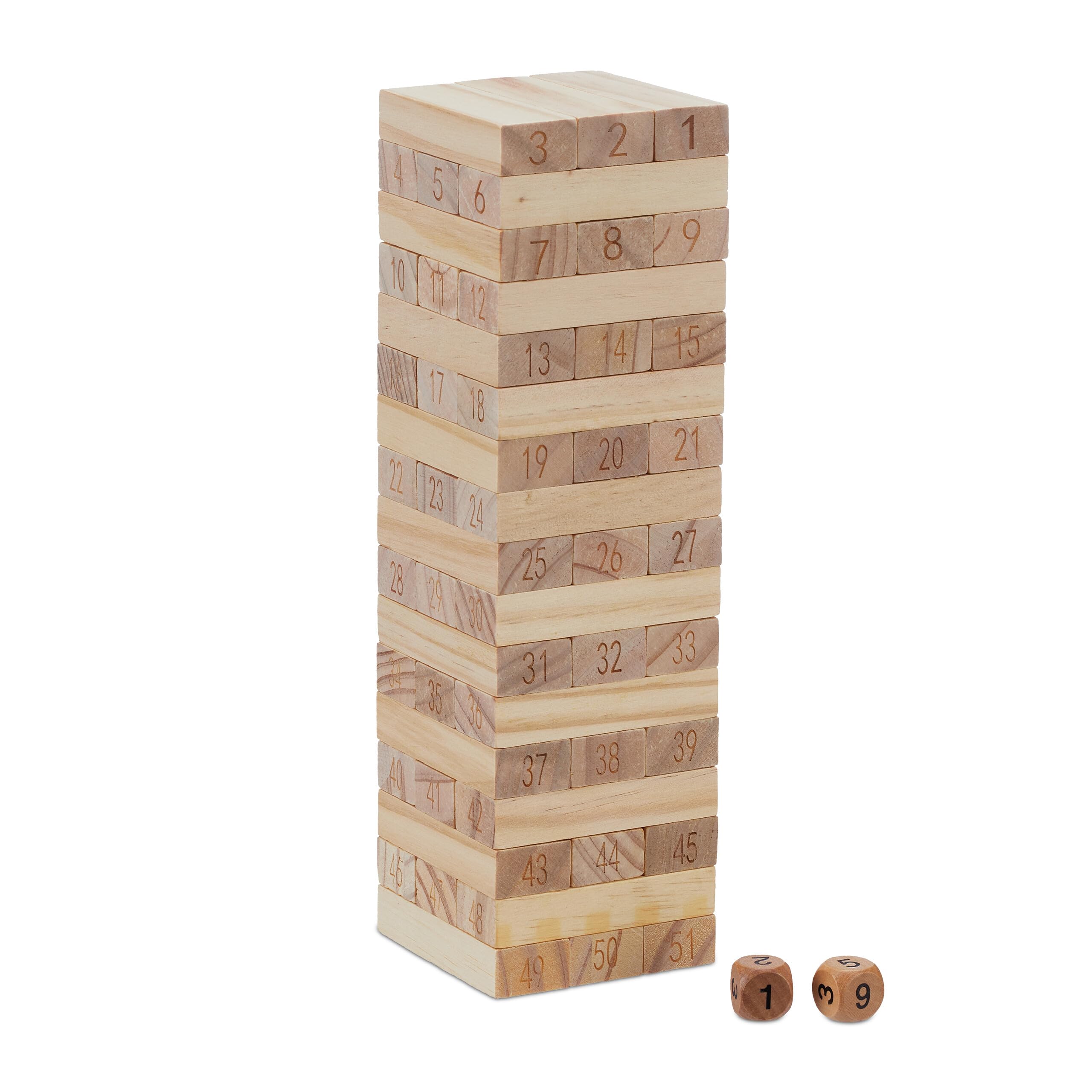 Relaxdays Wobble Tower, HxWxD 26 x 7.5 x 7.5 cm, Tumble, Wood Game, 51 Numbered Building Block, Skill, Children, Natural