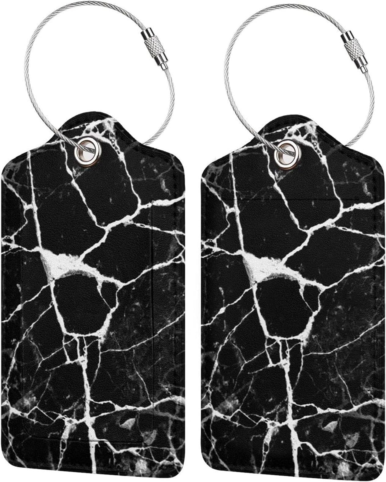 PTONUIC Marble Print Black White Luggage Tag with Full Back Privacy Name ID Card Stainless Steel Loop Suitcase Labels Identifiers PU Leather Baggage Tags Luggage for Women Men Kids Girls Travel (1pcs)