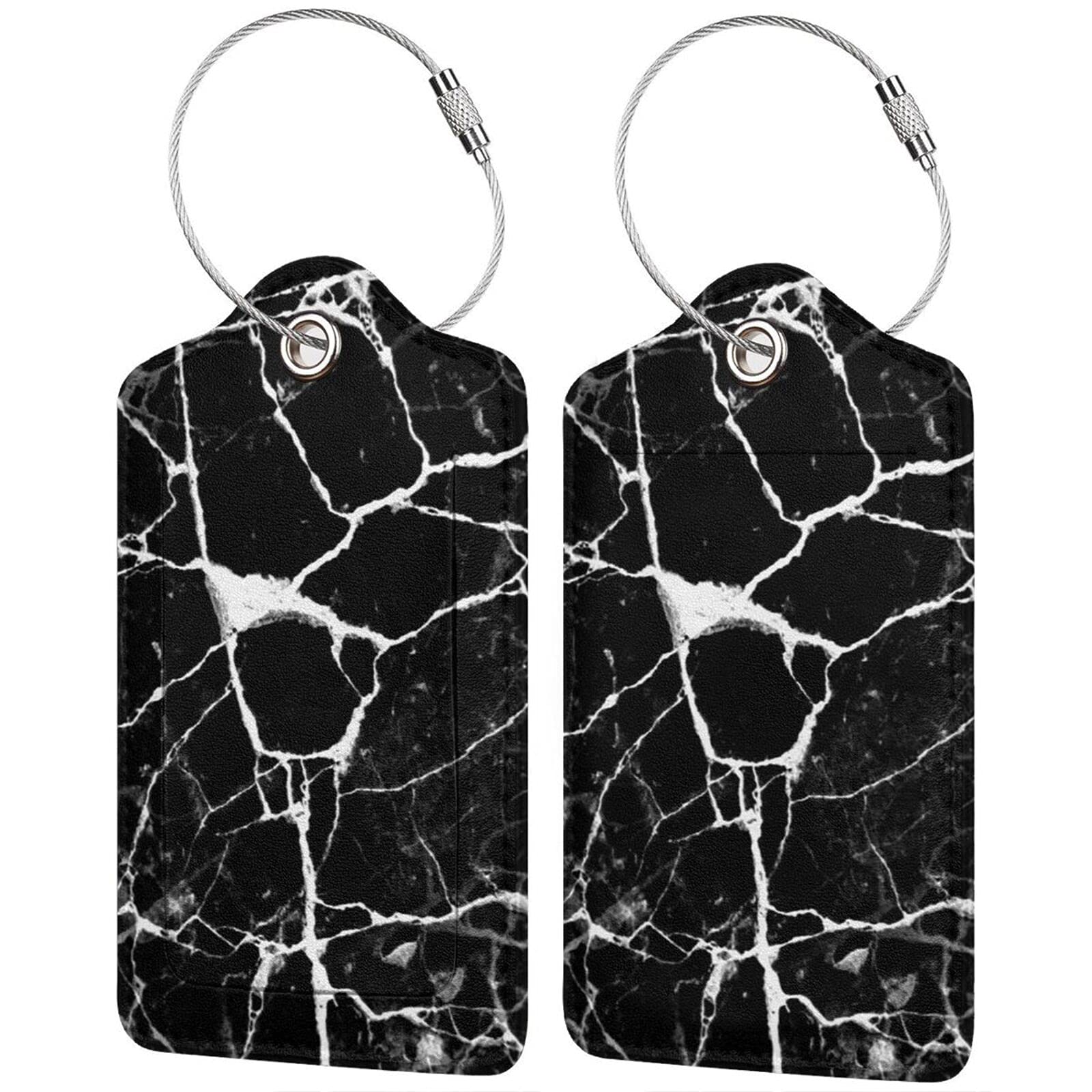 PTONUIC Marble Print Black White Luggage Tag with Full Back Privacy Name ID Card Stainless Steel Loop Suitcase Labels Identifiers PU Leather Baggage Tags Luggage for Women Men Kids Girls Travel (1pcs)