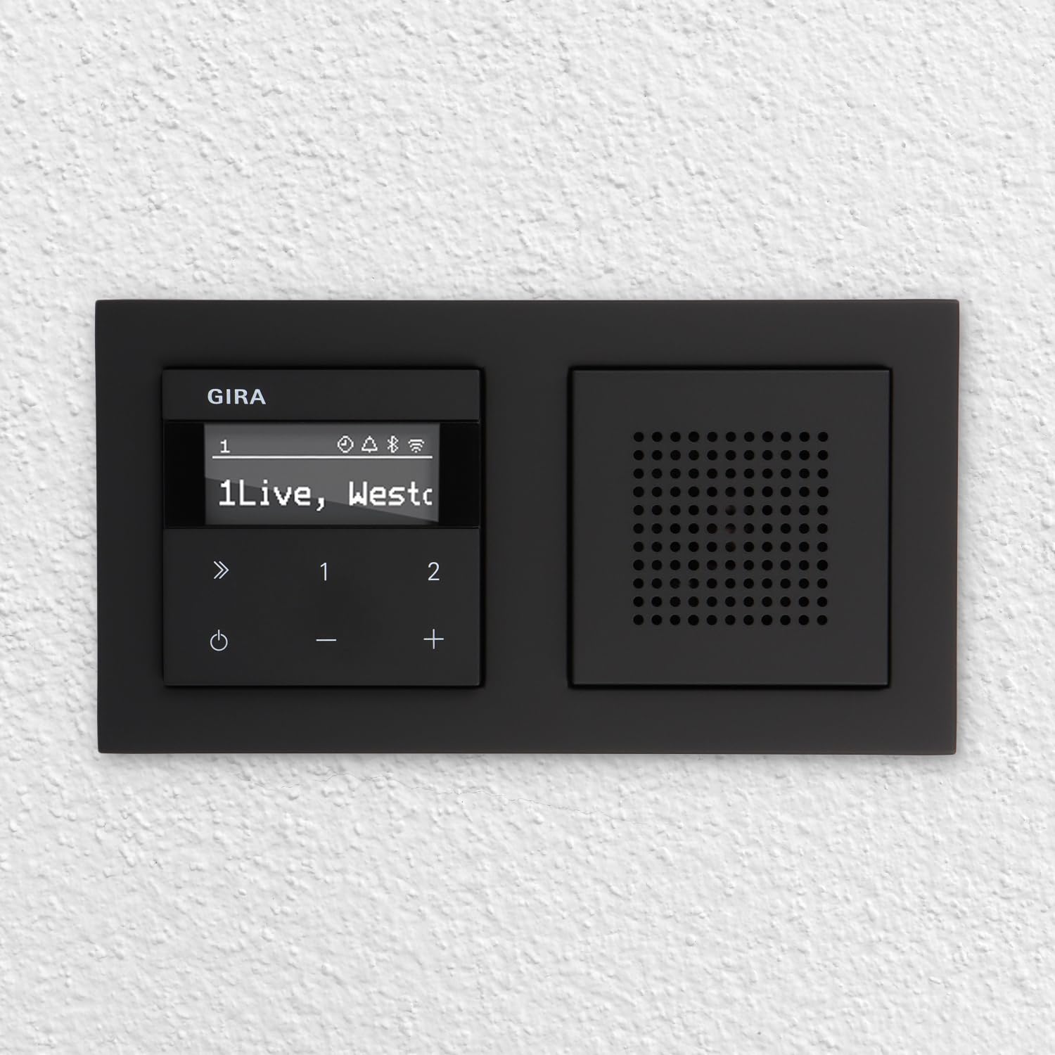 Gira Unterputz IP Internetradio 232003 + Bluetooth Komplett-Set mit Lautsprecher - E2 schwarz matt mit 2fach Rahmen Gira 021209 inkl. EBROM Phasenprüfer zur Montage der Geräte