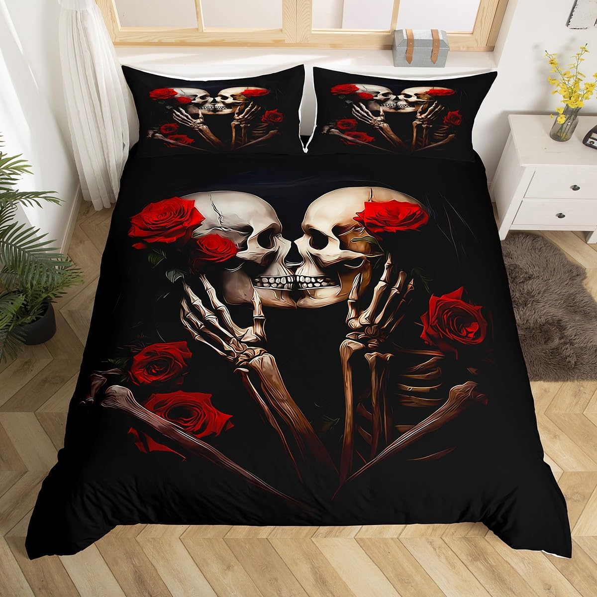 jejeloiu Sugar Skull Bedding Set King Size Kids Rose Gothic Skull Comforter Cover Set for Boys Girls Teens Love Duvet Cover Romantic Bedspread Cover Room Decorations Quilt Cover