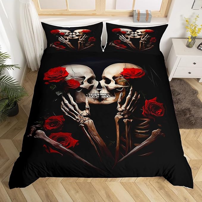 jejeloiu Sugar Skull Bedding Set Full Size Kids Rose Gothic Skull Comforter Cover Set for Boys Girls Teens Love Duvet Cover Romantic Bedspread Cover Room Decorations Quilt Cover