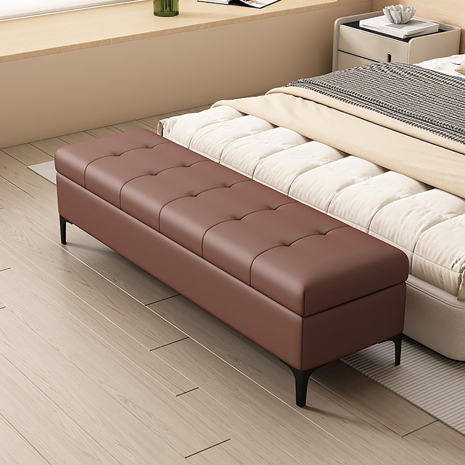 Baúl almacenaje dormitorio de cuero sintético y banco pie de cama elegante de 90cm