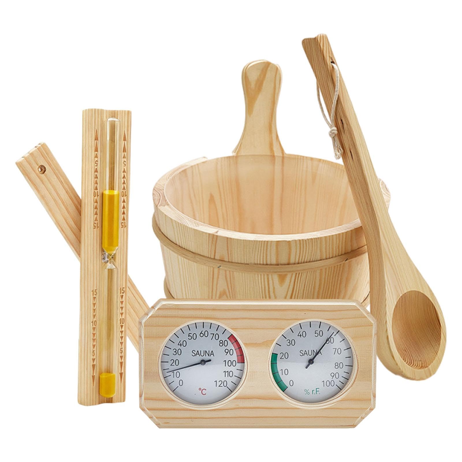 Juego Accesorios Sauna 4L con Cubo de Madera - Incluye Cucharón, Reloj, Termómetro e Higrómetro - Para Bañera, Piscina y Hogar