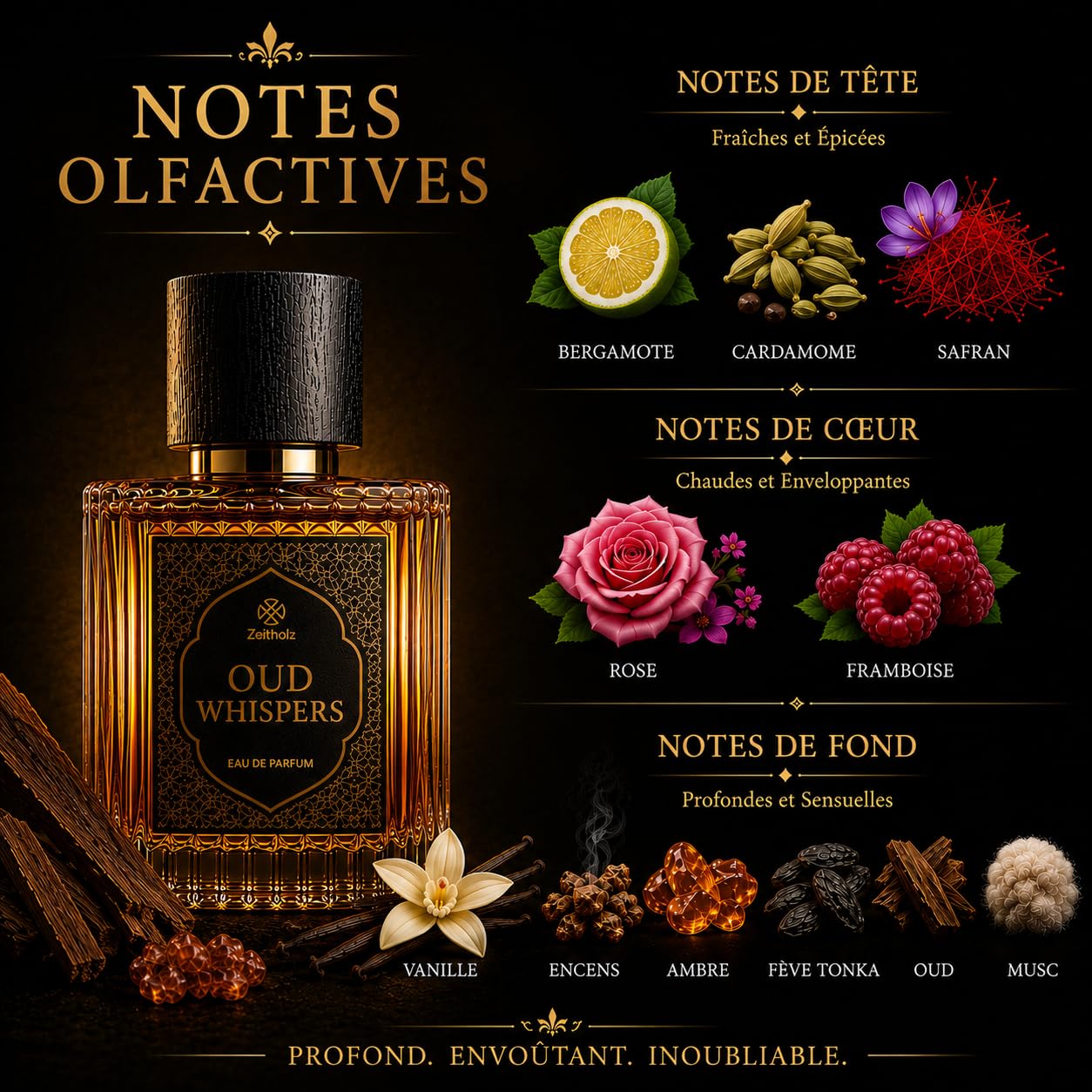 Parfum Oud Homme – Oud Whispers Eau de Parfum 100 ml – Fragrance orientale boisée et ambrée aux notes arabes – Longue tenue avec safran, rose et encens
