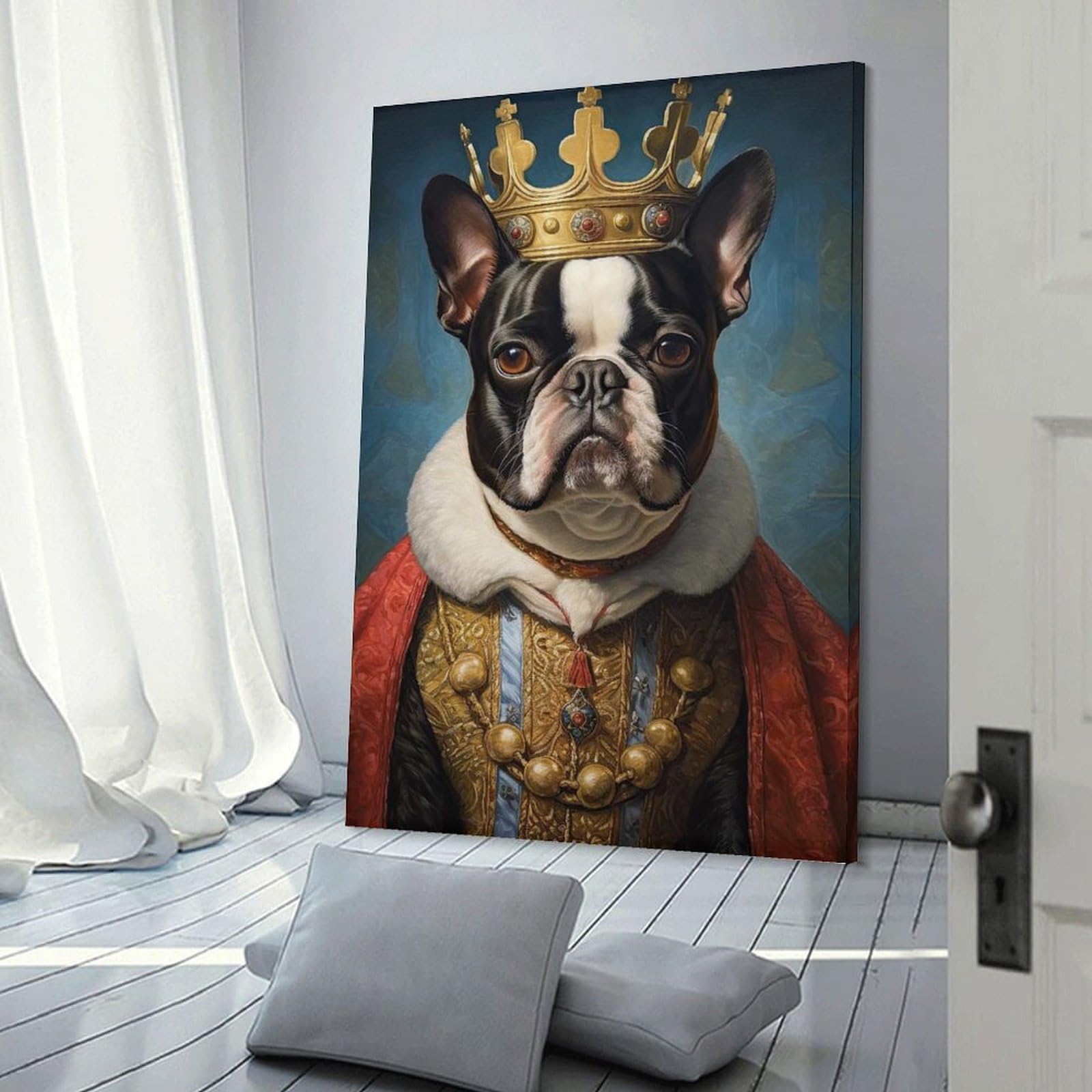 Junmoney Canvas Wall Art Boston Terrier The King, 20x30inch(50x75cm), for Gallery Wall Decor And Room Displays, Decorative Artwork with Flexible Styling