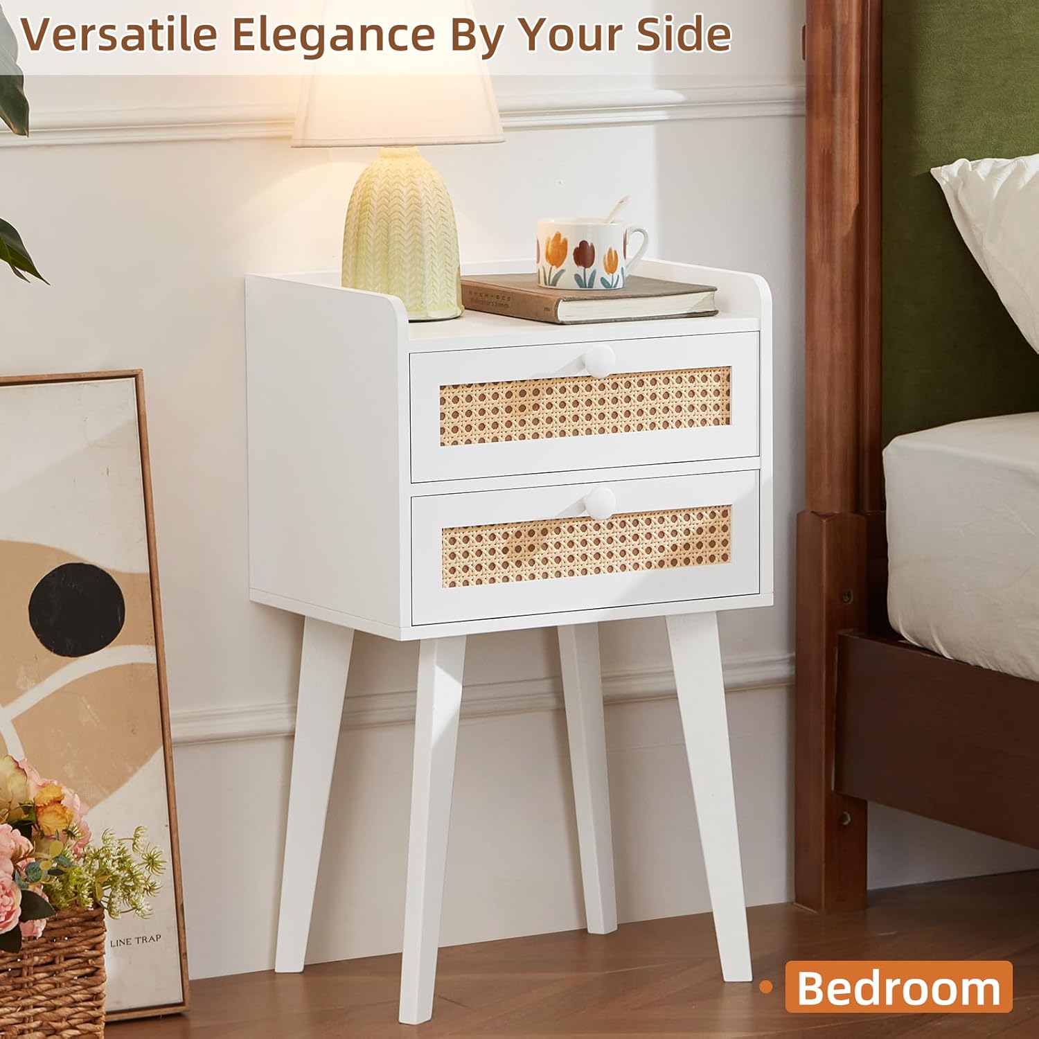 Lerliuo Rattan White Night Stand Set of 2 with 2 Drawers, Cane Accent Nightstand Bed Side End Table with Solid Wood Legs, Boho Nightstands Bedside Tables for Bedroom Living Room Dorm and Small Spaces