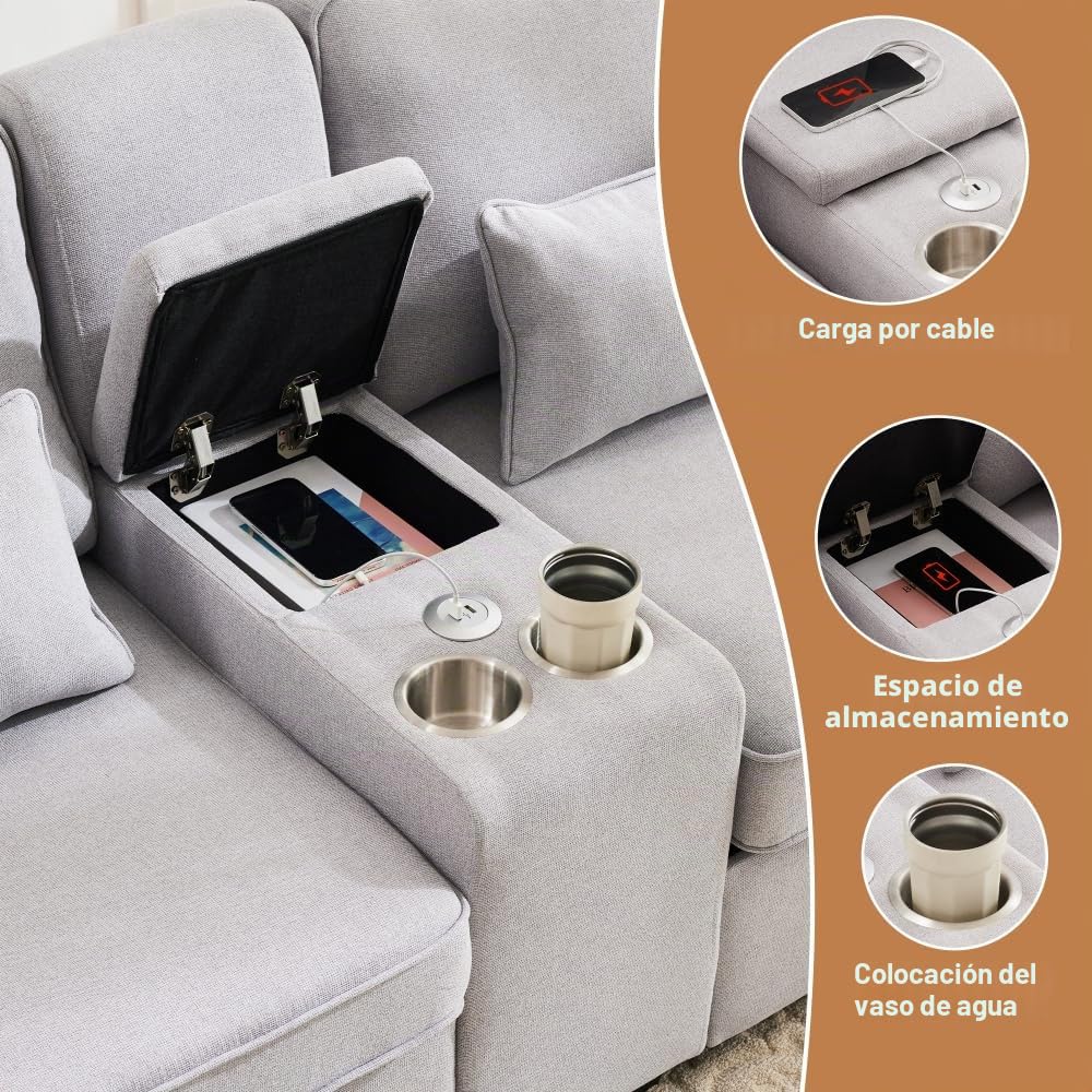 Sofá moderno de 4 plazas con bolsillos para reposabrazos y 4 cojines, con consola, 2 portavasos y 2 tomas USB, en lino, adecuado para muchas ocasiones (Gris+USB)