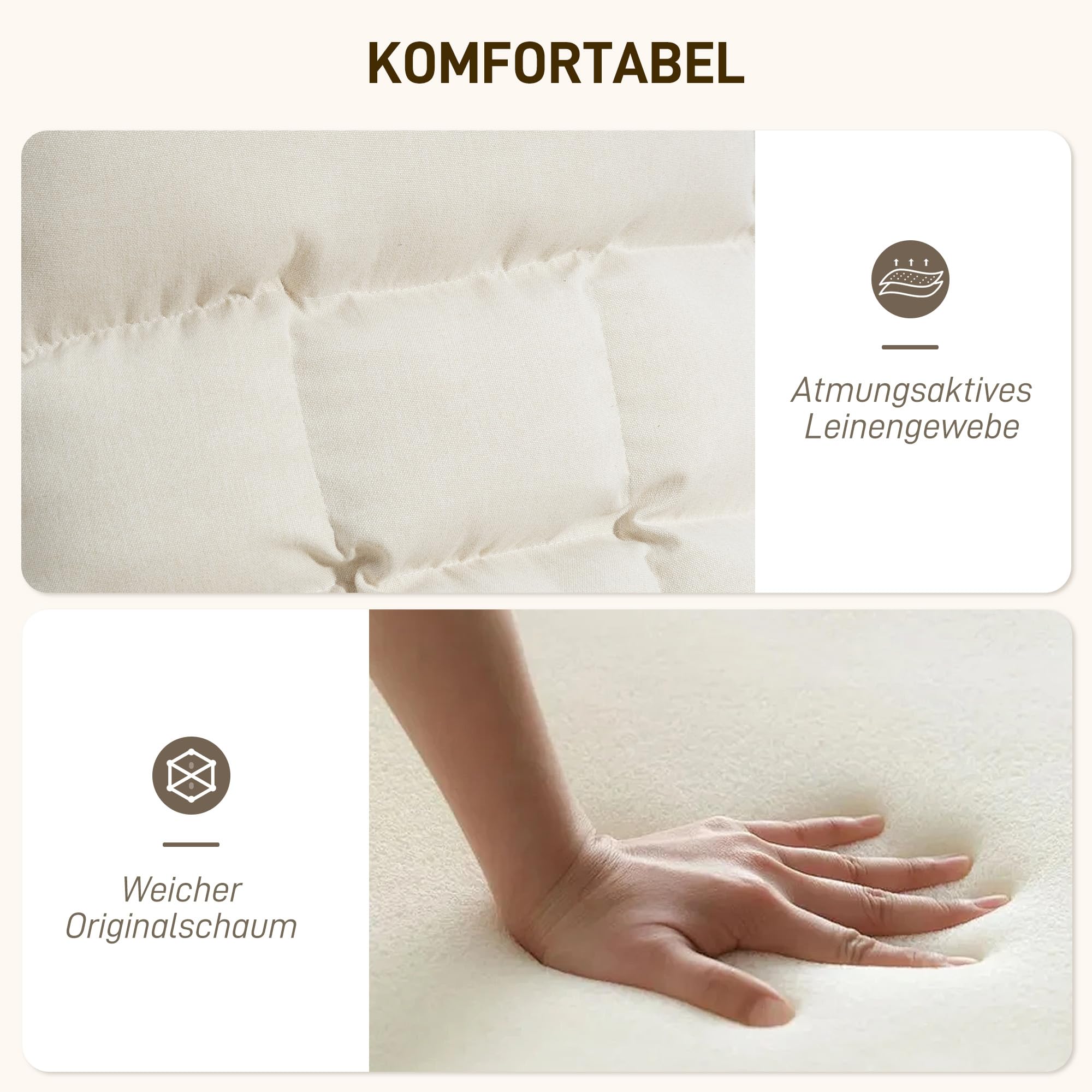 HOMCOM Fotel bujany z oparciem, regulowany podnóżek, fotel, tapicerowany fotel relaksacyjny o wyglądzie lnu, fotel bujany, fotel do czytania, do salonu, sypialni, kremowo-biały