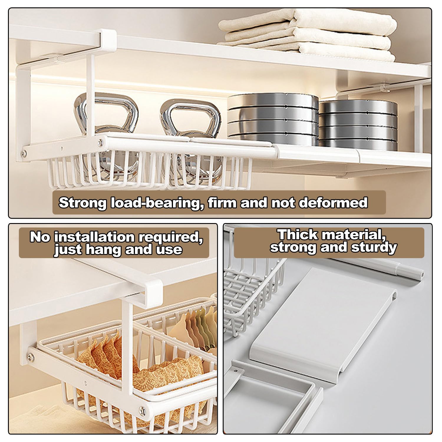 Cesta de almacenamiento para colgar debajo del estante, organizador deslizante ajustable para lavandería, cocina, despensa, escritorio, estantería