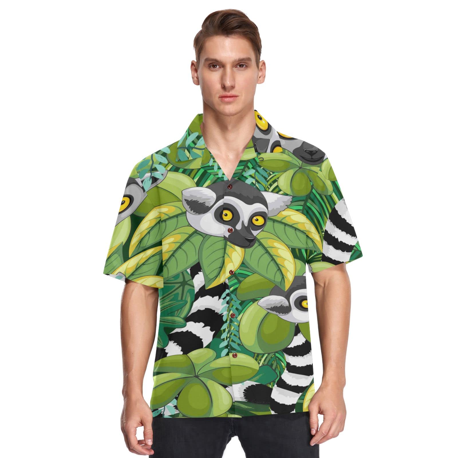 Anantty Mens Hawaiian Shirts Tropical Lemur Leaves Beach Shirts Button Down Short Sleeve Casual Aloha Shirts Shortsleeve Multicoloured