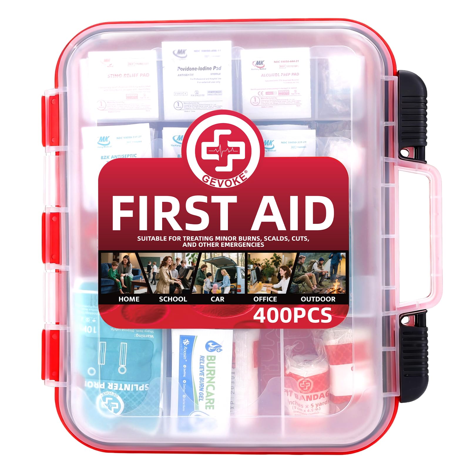 Gevoke 400 Piece First Aid Kit - Organized Dual-Layer Wall-Mountable Hard Case Medical Kit for Home, Car, Camping, Travel, Hiking, Truck, Office,