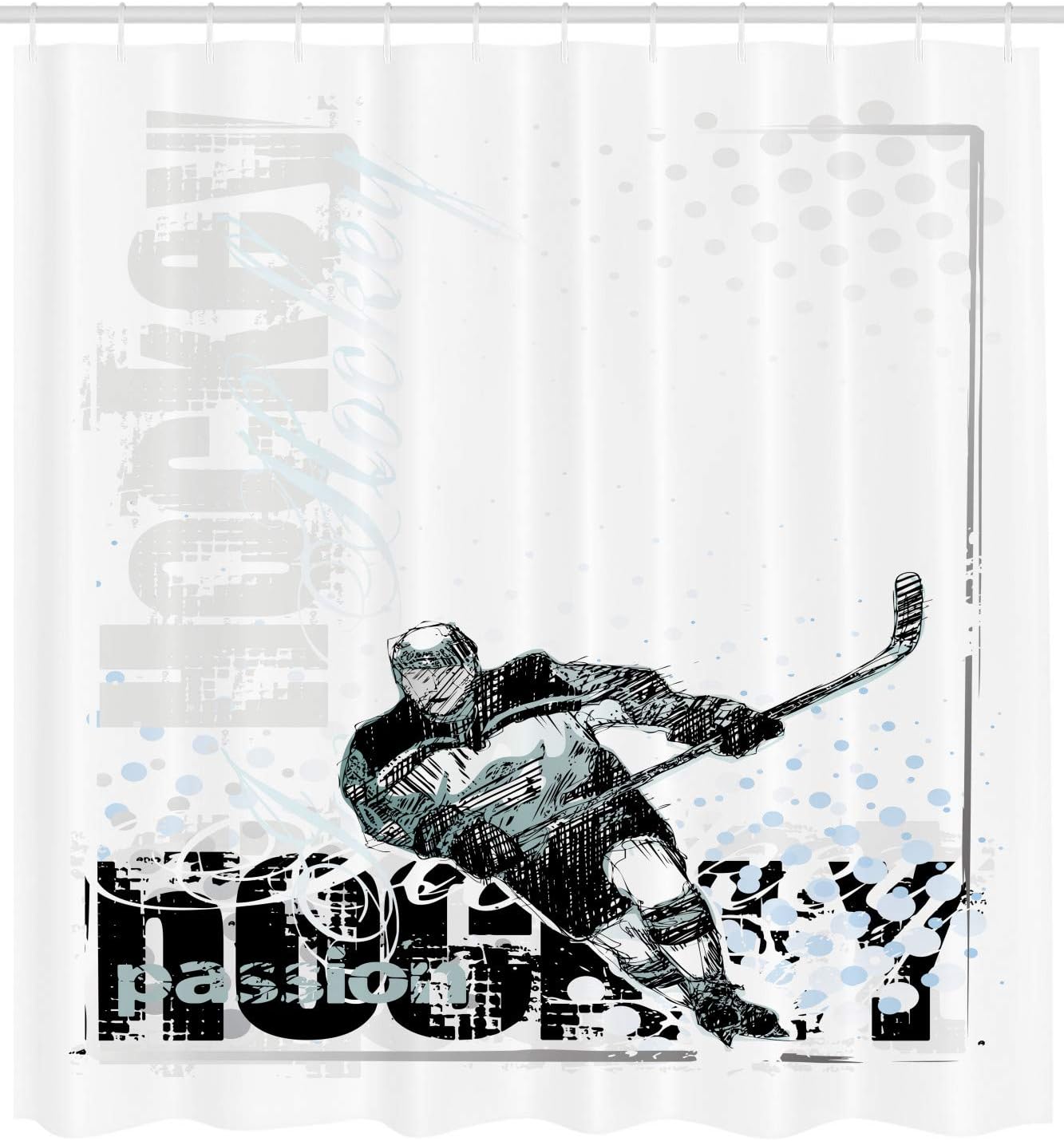 Ambesonne Hockey Shower Curtain, Professional Goaltender in Sketch Art Style on a Grunge Sports Background with Dots, Cloth Fabric Bathroom Decor Set with Hooks, 69" W x 70" L, Pale Blue White