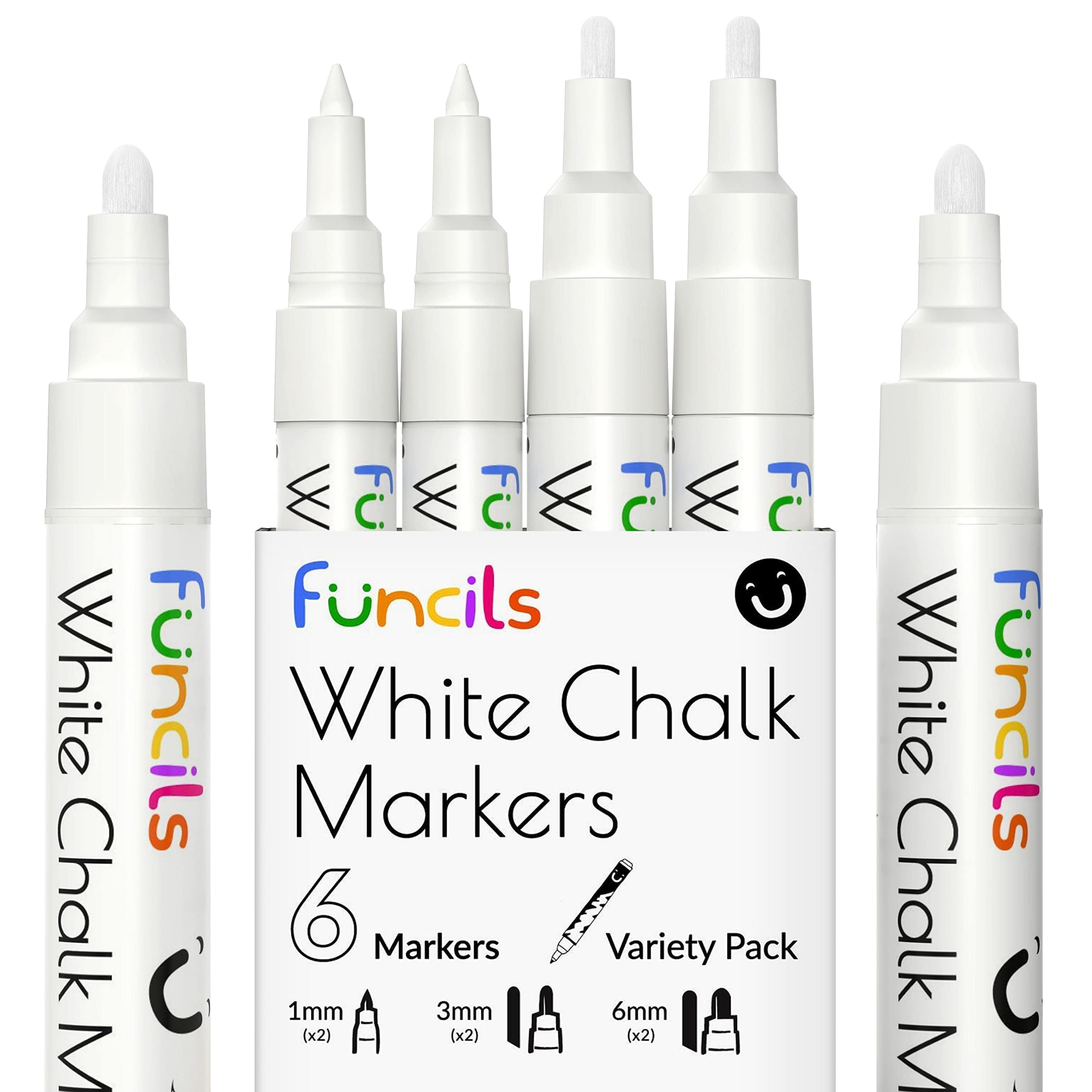 Funcils Kreidestifte - weiß - 6 Kreide Markers Multipack - 1mm, 3mm, 6mm Spitze. Kreidestifte für Fenster, Tafel, Glas und mehr. Geeignet für Erwachsene, Künstler, Lehrer und Kinder.