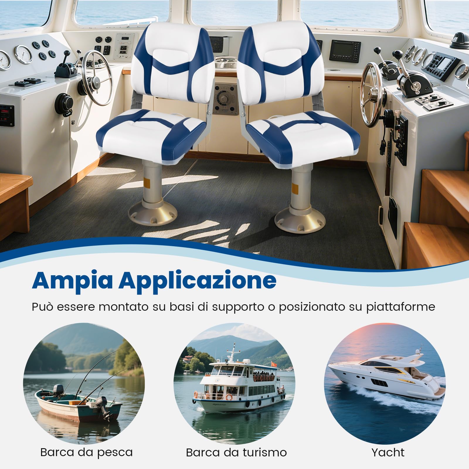 COSTWAY Set di 2 Sedie da Barca, Sedili Alti da Barca Pieghevole Morbide Imbottite Spesse, Sedile Nautica Ergonomico per Imbarcazioni da Pesca, 42 x 49 x 51 cm, Blu e Bianco