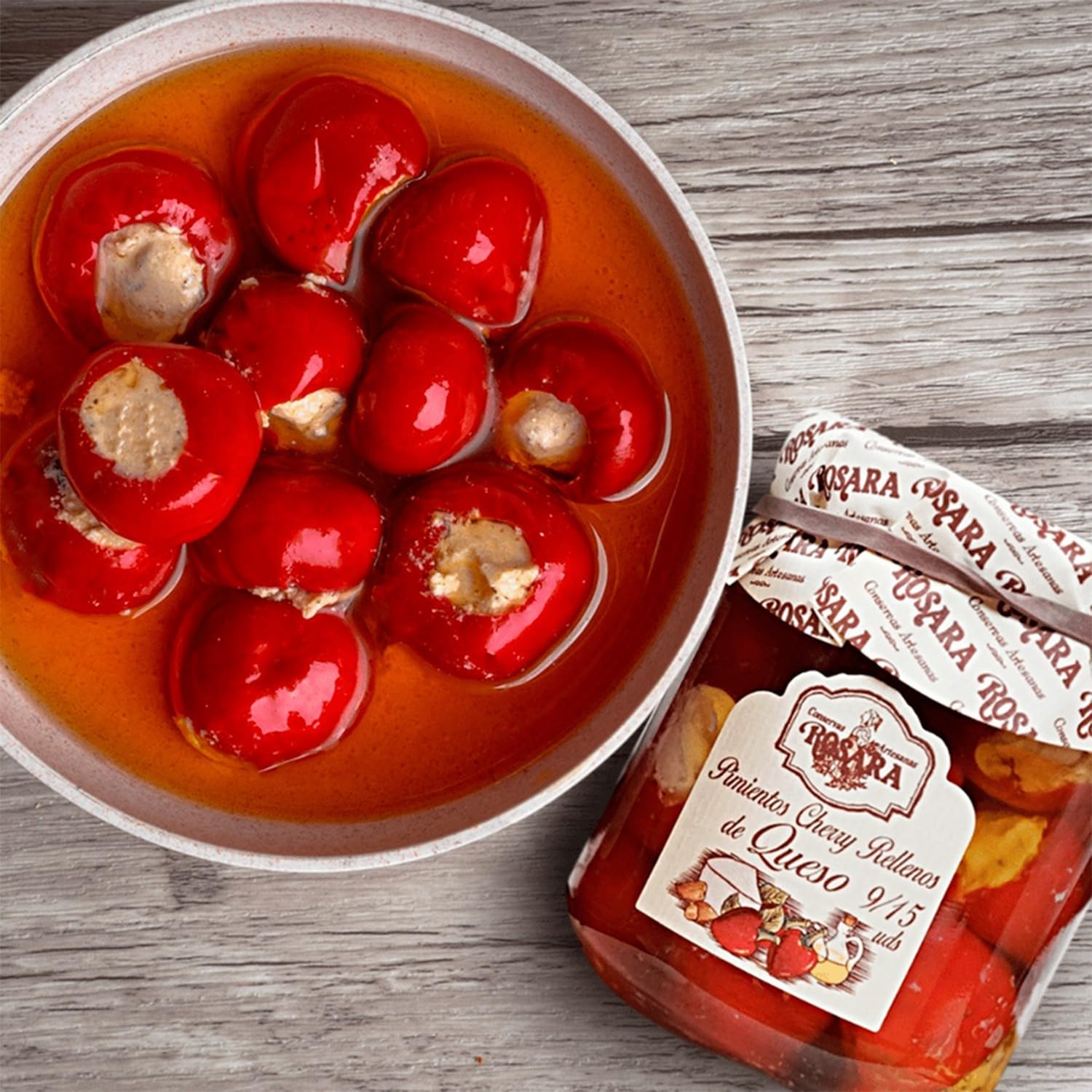 Rosara Pimiento Rojo Cherry Relleno de Queso Crema - Tarro de Cristal 212 gr, 10-12 Piezas, Aperitivo Gourmet Listo para Comer, Conservas Gourmet