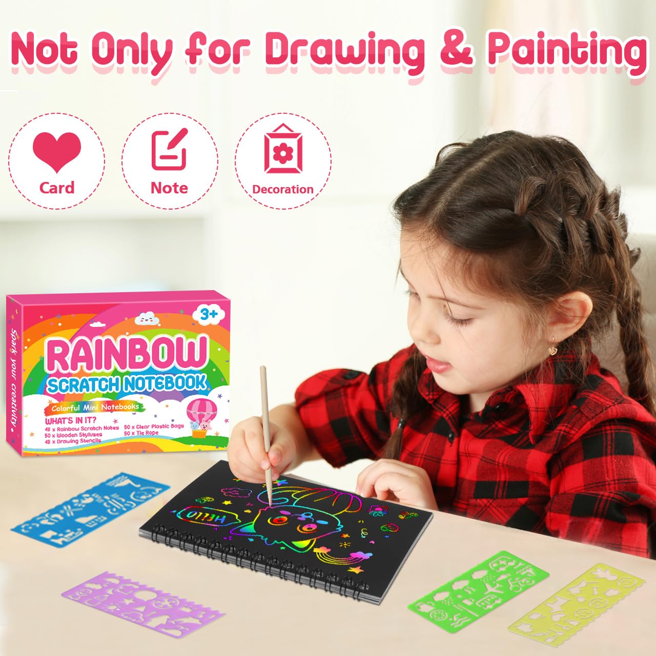 Scratch Art Bambini - Gadget Compleanno Bambini, 48 Set con Quaderno da Grattare, Stencil e Penne in Legno, Regalini Fine Festa Compleanno, Lavoretti Creativi per 3-12 Anni