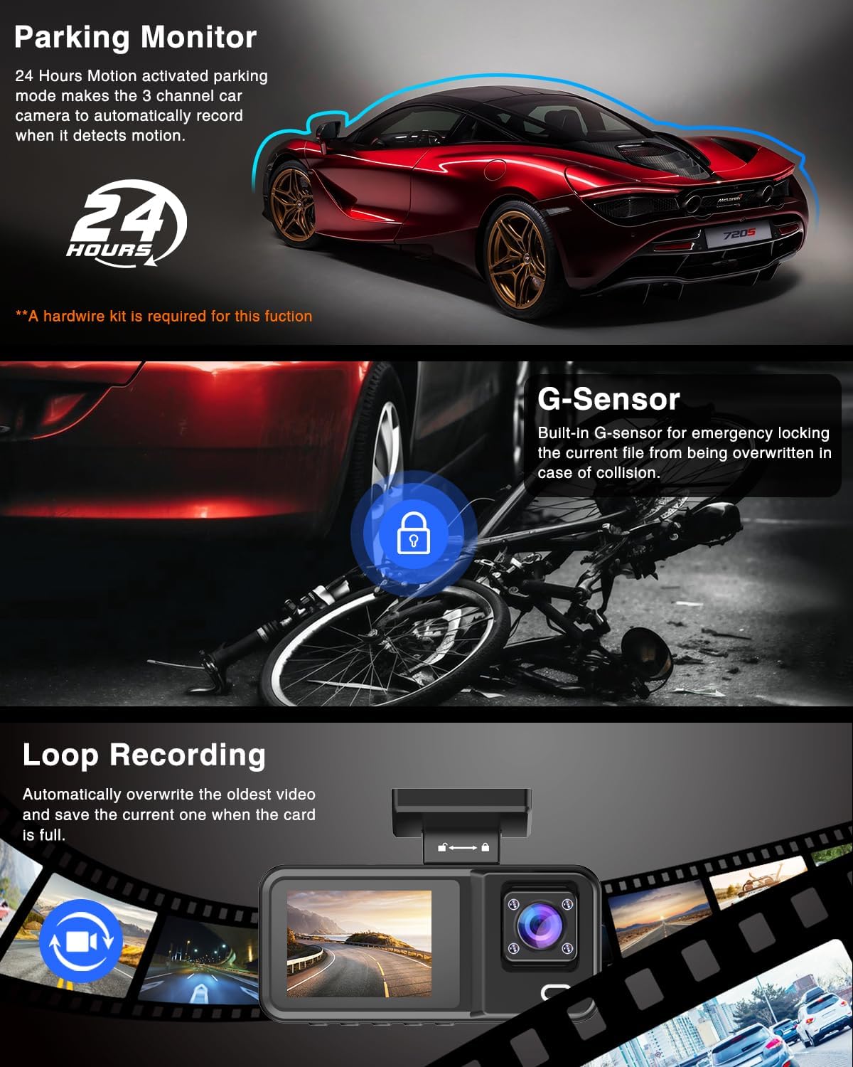 Diagram showing easy installation steps for the ZKCAMSPY D70-4K dash cam, including connecting the car charger and rear camera.