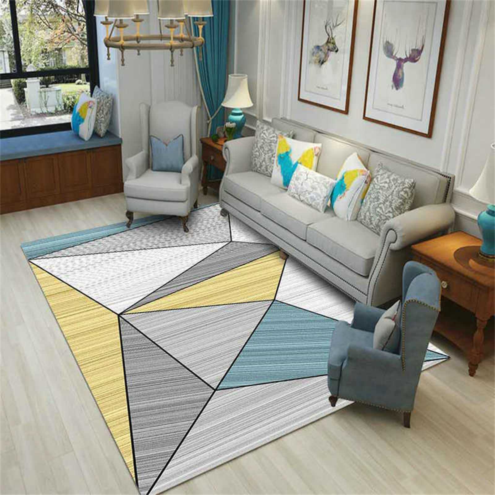 Tapis de salon moderne jaune et gris à motifs triangles 80x150cm idéal pour coin chien