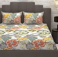 Premium Heavy Cotton Elastic Fitted Bedsheets with 2 King Size Pillow Covers || Double Bed with All Around Elastic 350 TC || 72 x 78 x 10 Inch King Size Fitted || :- Cream Big Flower