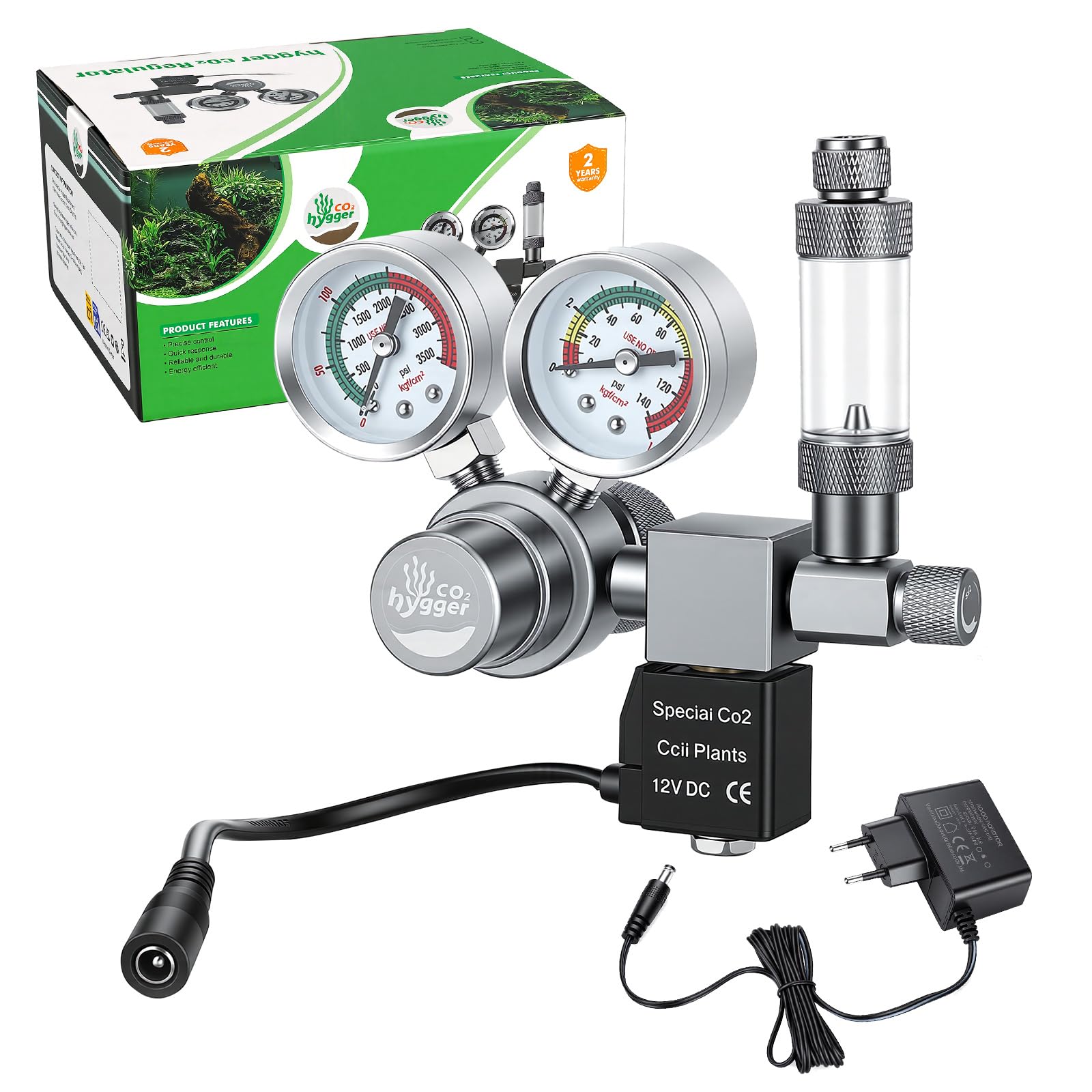 Regulador co2 Acuario DC Solenoide,co2 Regulator para Acuario Calibre Doble | Display preciso doble calibre, contador burbujas con válvula retención, Válvula aguja giratoria control preciso la salida gas