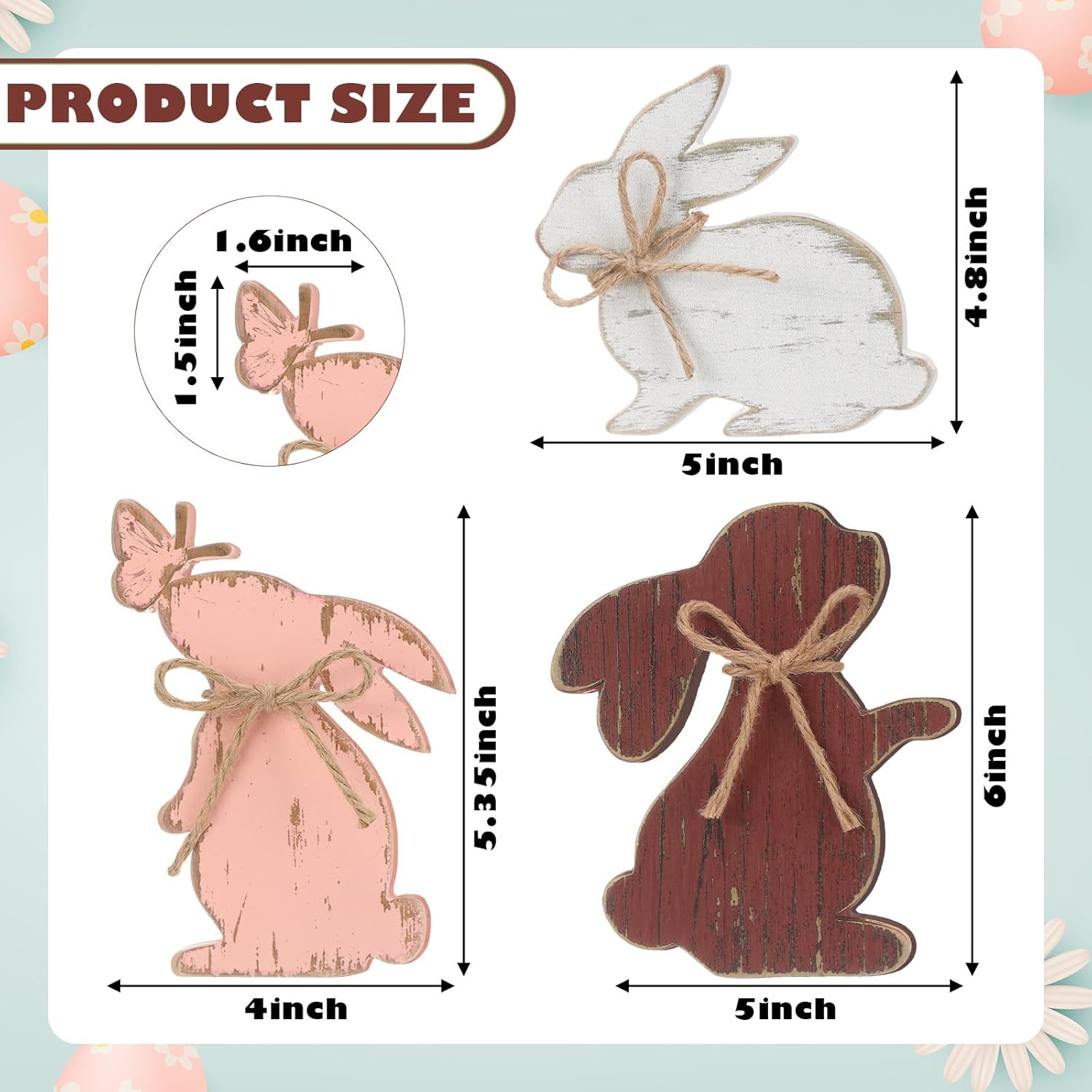 3 Pcs Easter Decor Bunny Table Decorations Wooden Rabbit Shaped Tabletop Centerpieces Farmhouse Rustic Pnik Bunny Table Sign with Rope Gifts for Tiered Tray Home Kitchen Shelf Mantal Spring - Image 2