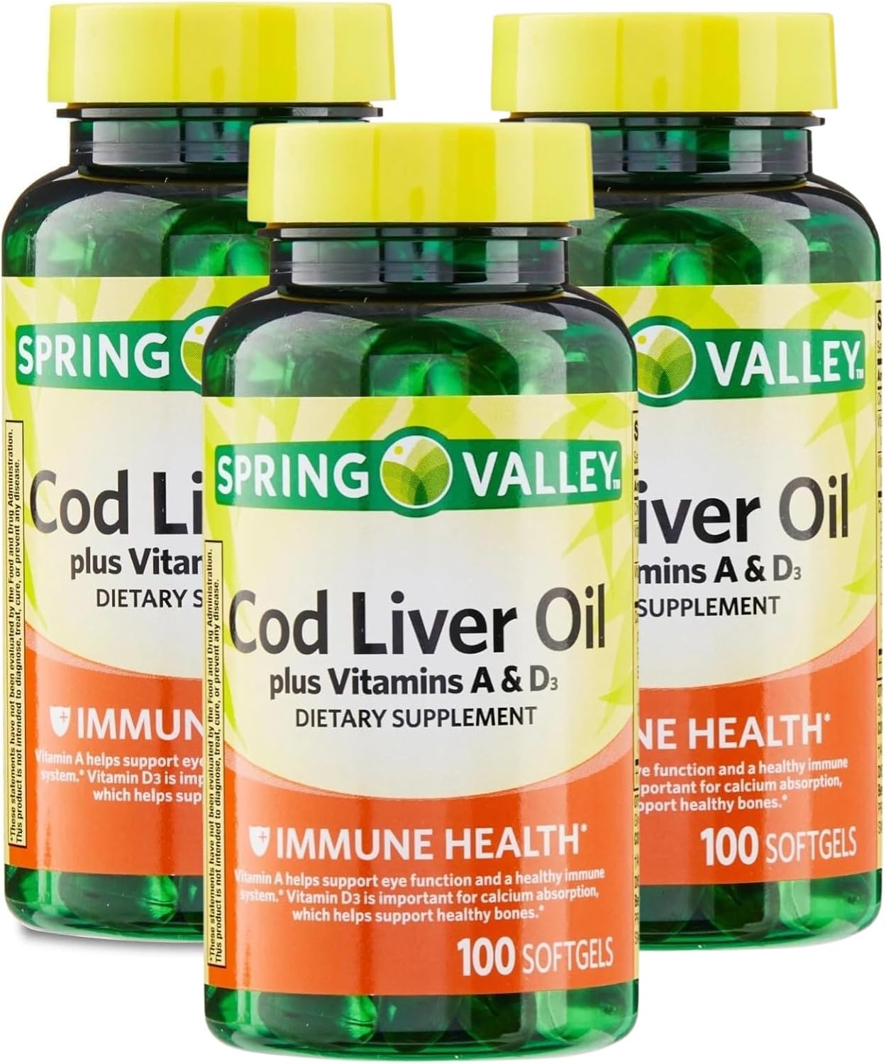 Cod Liver Oil Plus Vitamins A & D3, 100 Softgels - Dietary Supplement (Pack of 3)