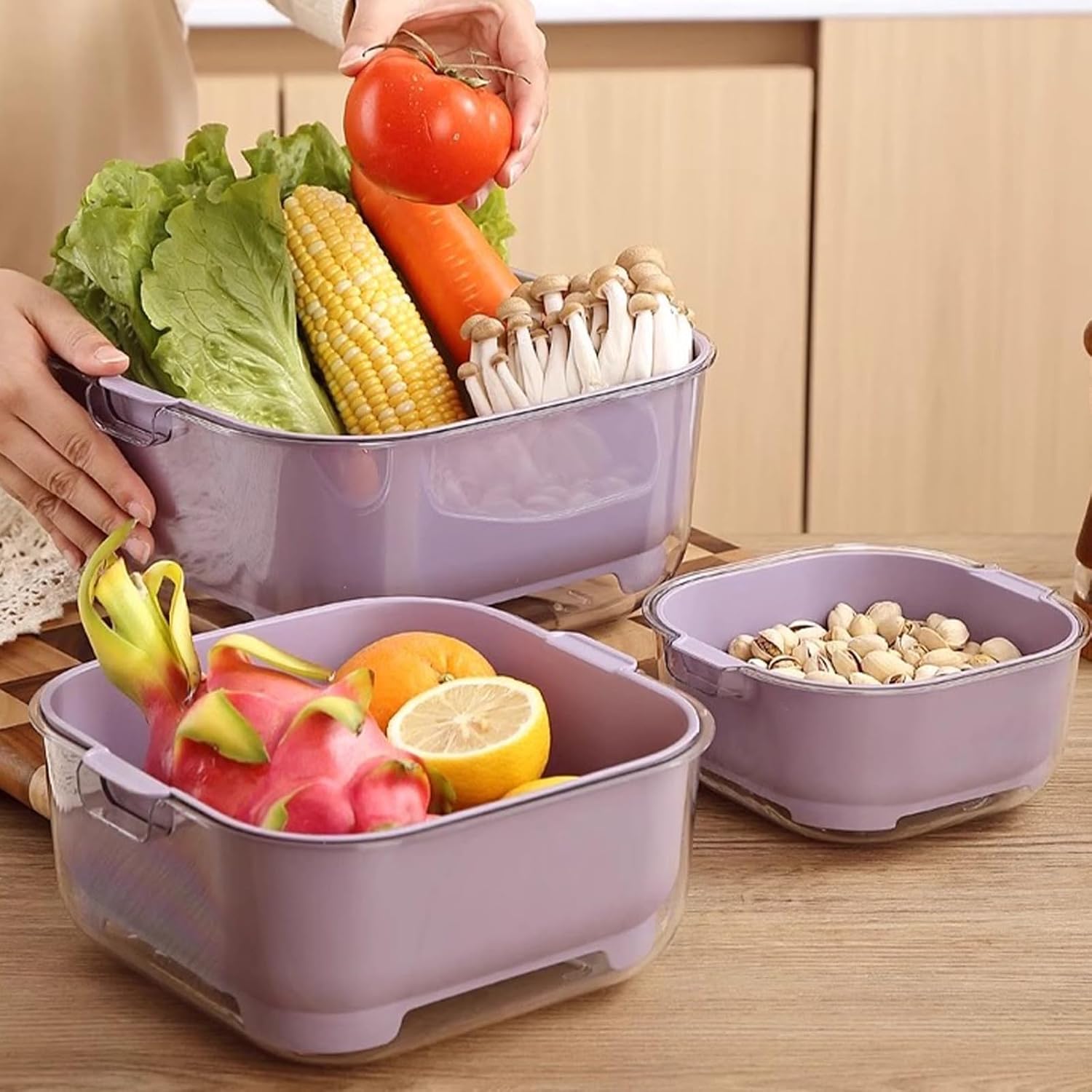 3 Pcs Set Double-Layer Plastic Colander, Large Capacity Food Strainers, Fruits Vegetable Washing Draining Basket, Detachable and Stackable Multi-Layer Strainer Bowl, Easy to Clean for Kitchen (Purple)